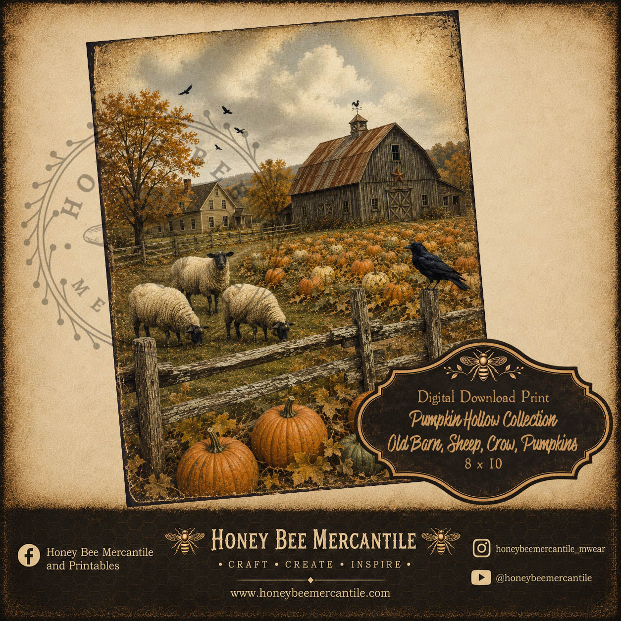 Pumpkin Hollow Collection, Old Barn, Sheep, Crow, 8x10, Digital Download, Printable, Decoupage, Craft Supplies