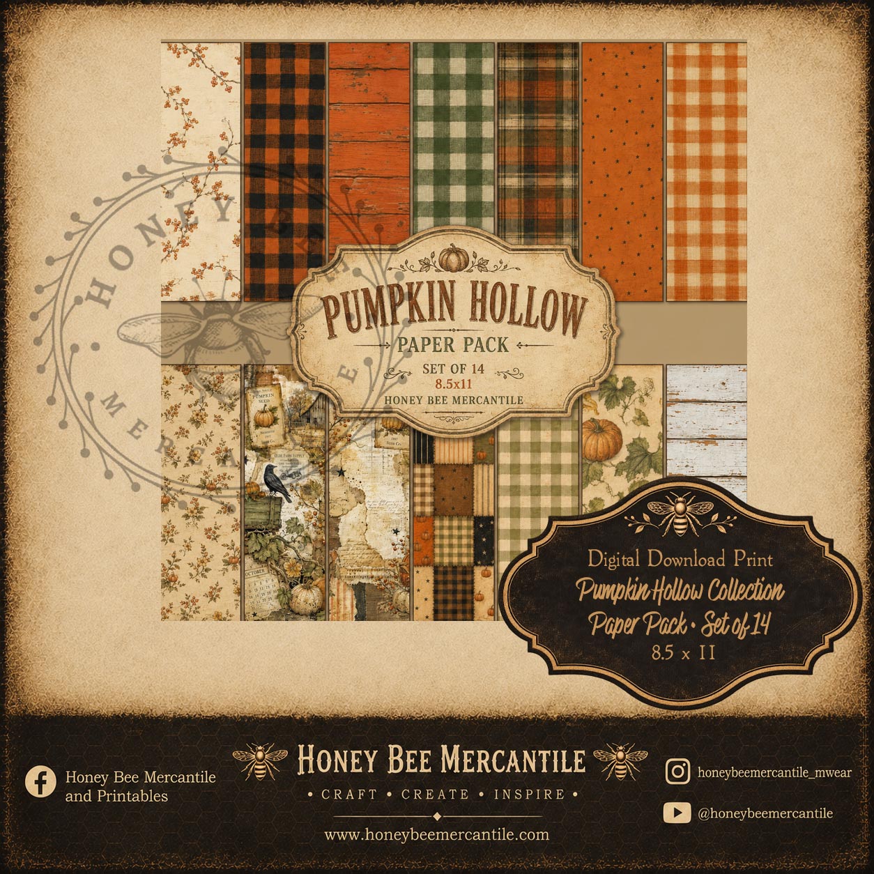 Pumpkin Hollow Collection, Paper Pack, Digital Download, Printable, Decoupage, Craft Supplies, Set of 14 Papers, 8.5x11