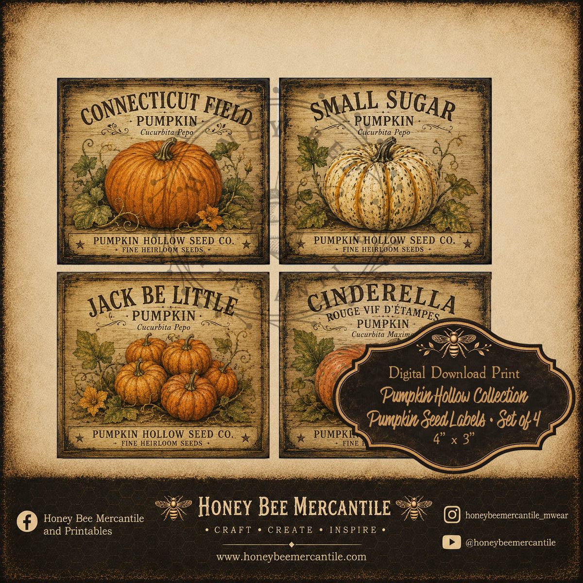 Pumpkin Hollow Collection, Pumpkin Seed Labels, Set of 4, Digital Download, Printable, Decoupage, Craft Supplies