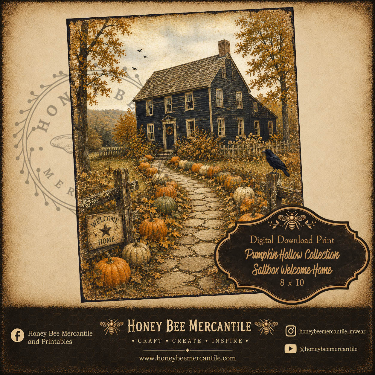 Pumpkin Hollow Collection, Saltbox Welcome Home, 8x10, Digital Download, Printable, Decoupage, Craft Supplies
