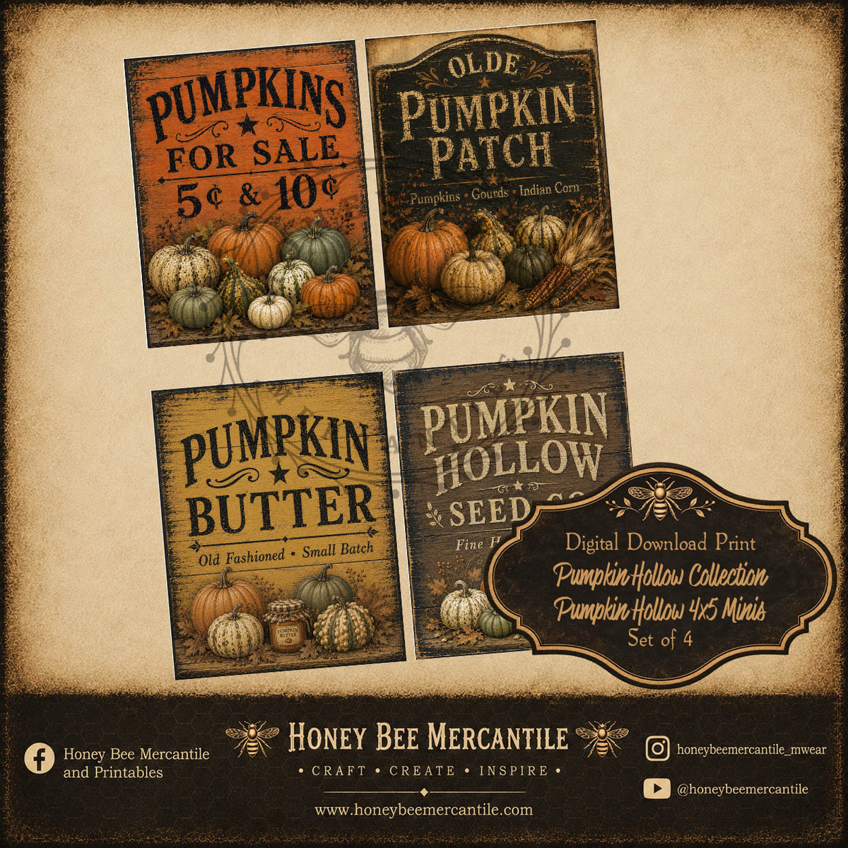 Pumpkin Hollow Collection, Wood Sign Minis, Set of 4, 4x5, Digital Download, Printable, Decoupage, Craft Supplies