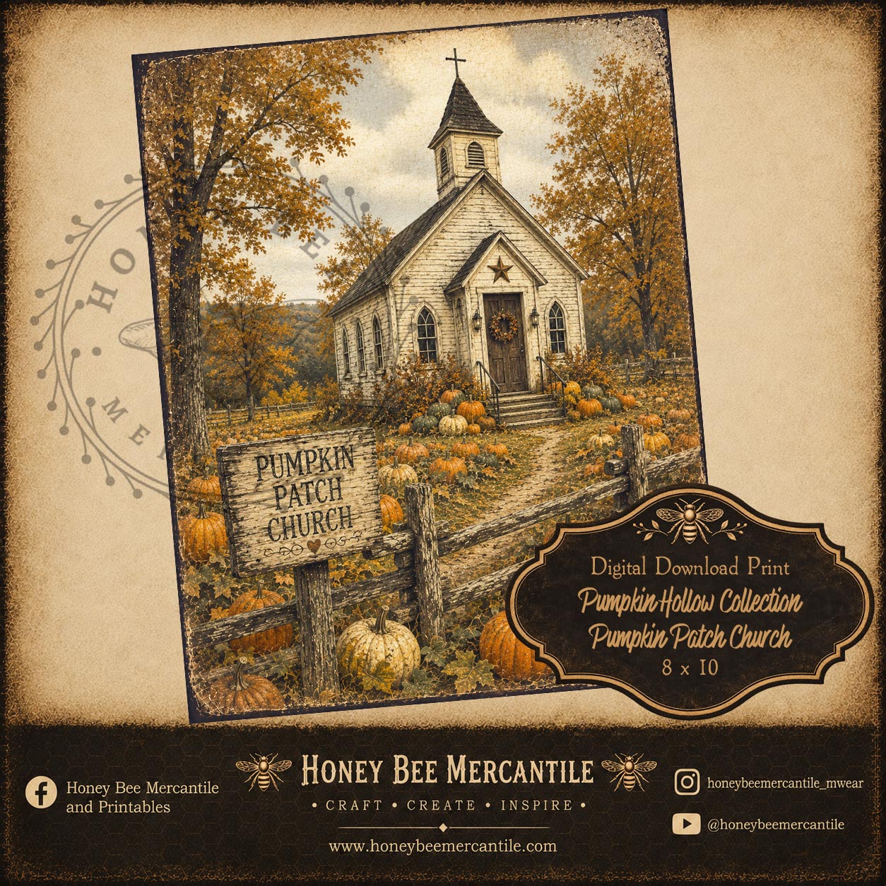 Pumpkin Hollow Collection, Pumpkin Patch Church, 8x10, Digital Download, Printable, Decoupage, Craft Supplies