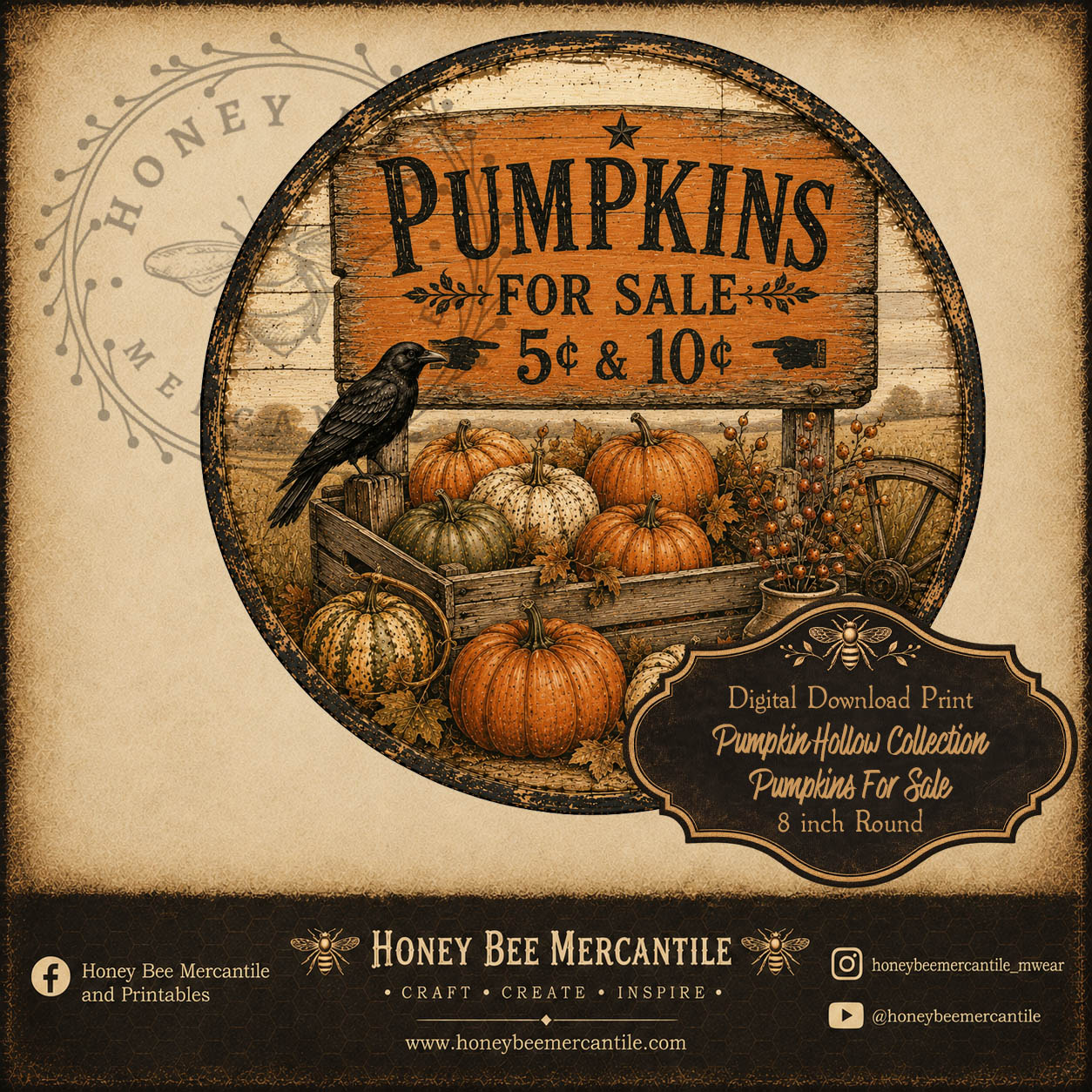 Pumpkin Hollow Collection, Pumpkins For Sale, 8 inch round, Digital Download, Printable, Decoupage, Craft Supplies