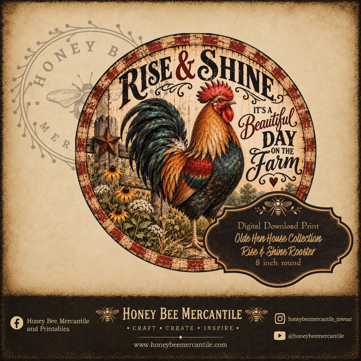 Olde Hen House Collection, Rise and Shine Rooster, 8 inch round, Digital Download, Printable, Decoupage, Craft Supplies