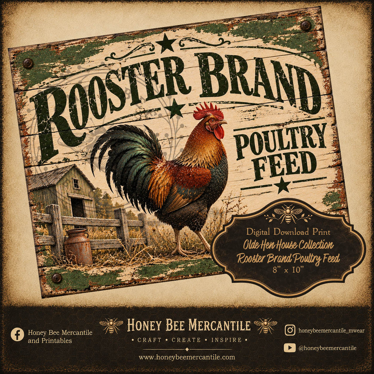 Olde Hen House Collection, Rooster Brand Poultry Feed Sign, 8x10, Digital Download, Printable, Decoupage, Craft Supplies