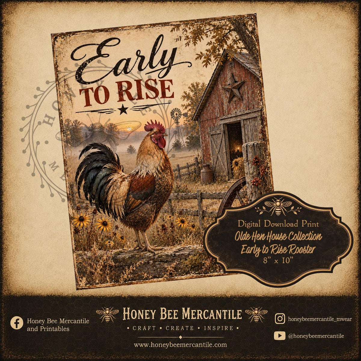 Olde Hen House Collection, Rooster Early to Rise, 8x10, Digital Download, Printable, Decoupage, Craft Supplies