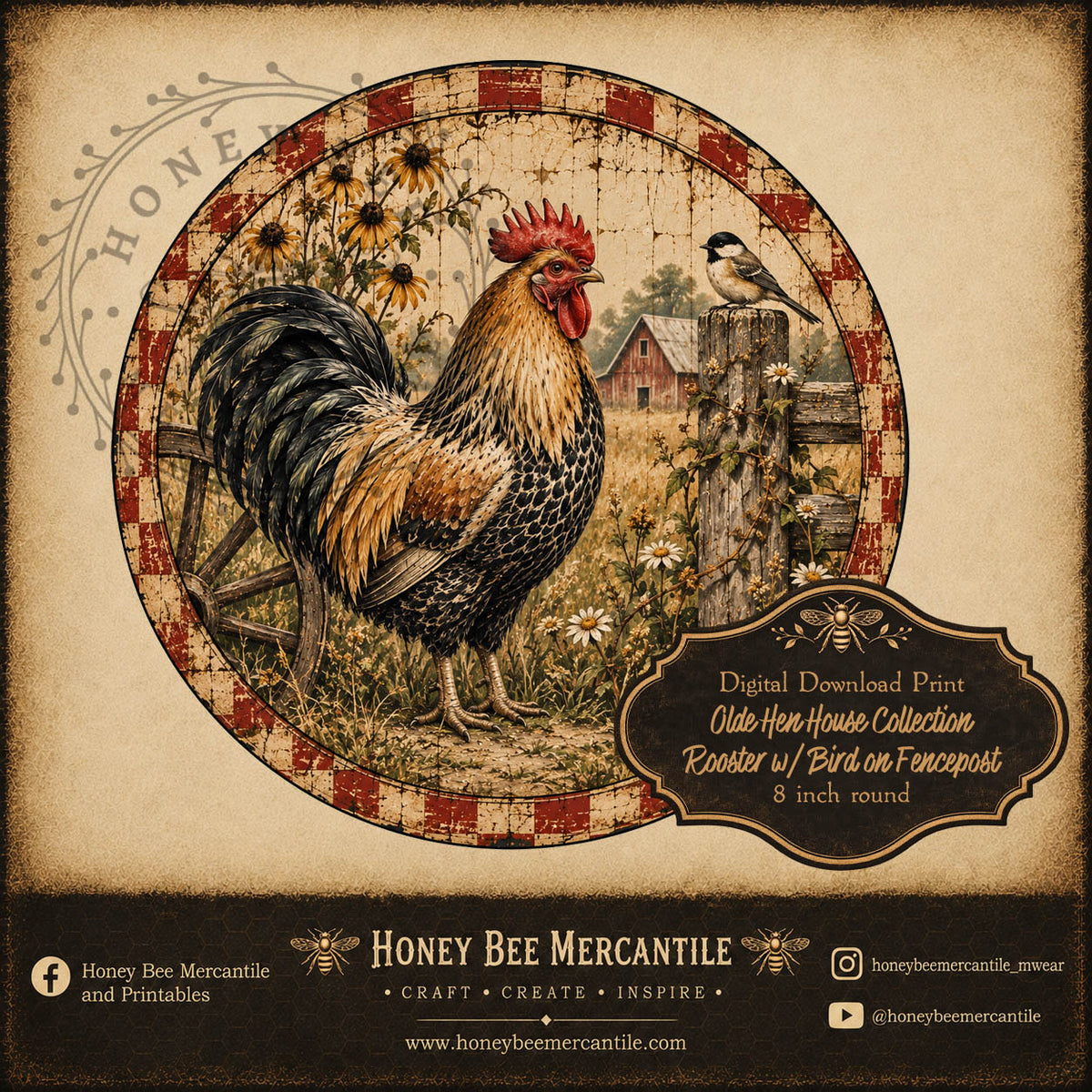 Olde Hen House Collection, Rooster with Bird on Fencepost, 8 inch round, Digital Download, Printable, Decoupage, Craft Supplies