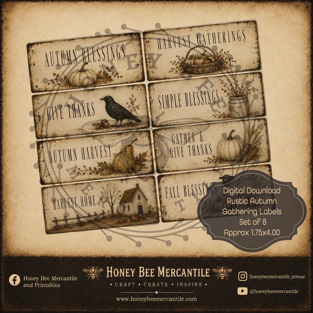 Rustic Autumn Gatherings Labels, Set of 8, Digital Download, Printable, Decoupage, Craft Supplies