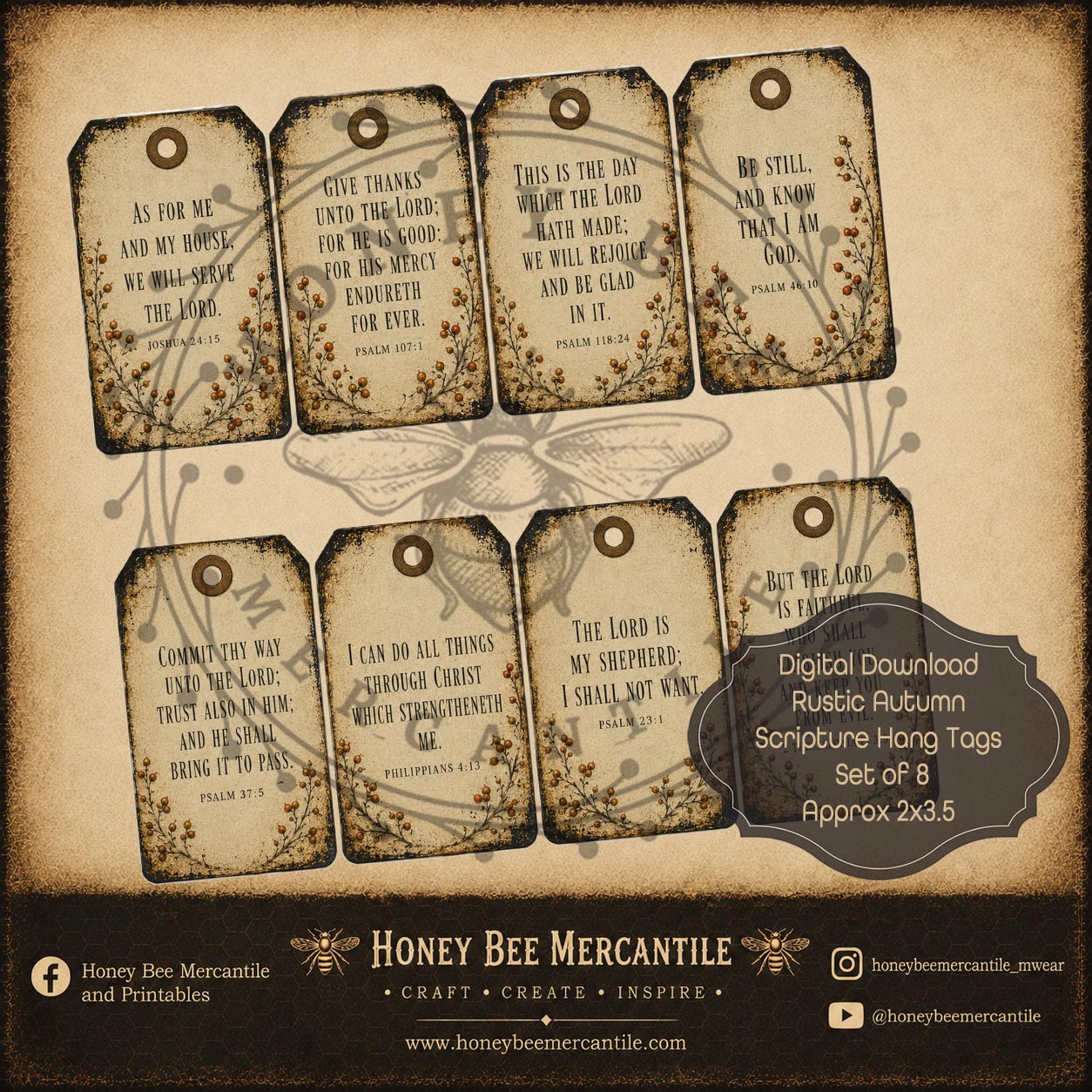 Rustic Autumn Scripture Tags, Set of 8, Digital Download, Printable, Decoupage, Craft Supplies