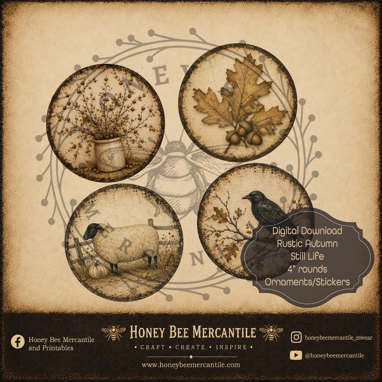 Rustic Autumn Still Life 4 in Rounds, Set of 4, Digital Download, Printable, Decoupage, Craft Supplies