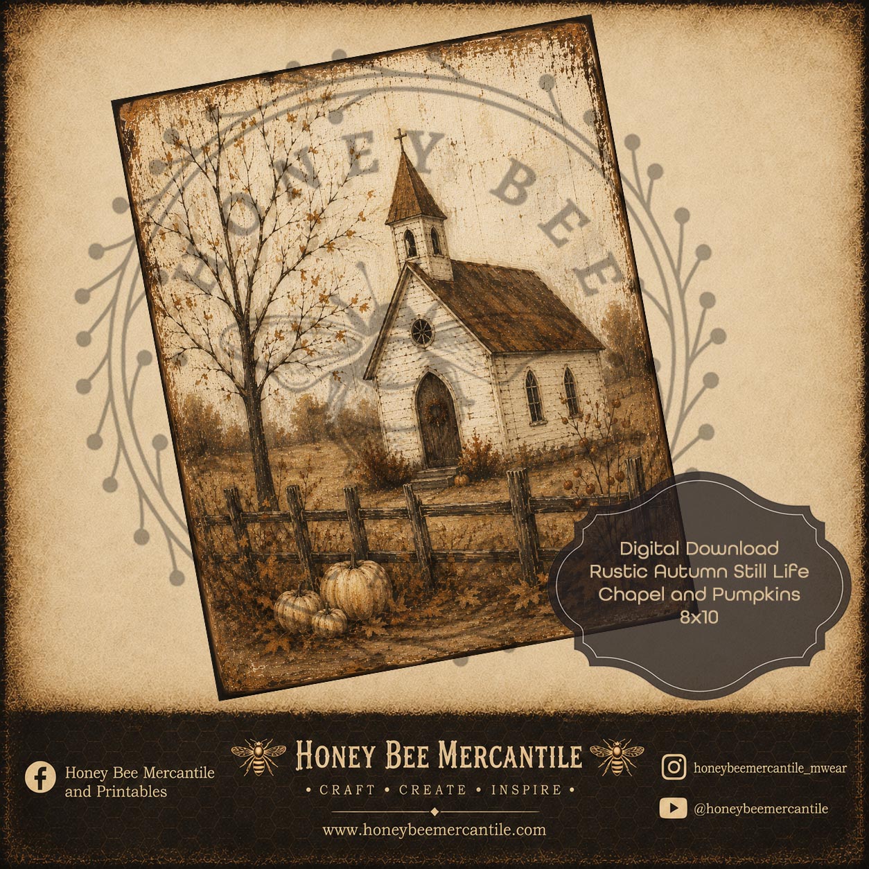 Rustic Autumn Still Life Chapel and Pumpkin, 8x10, Digital Download, Printable, Decoupage, Craft Supplies