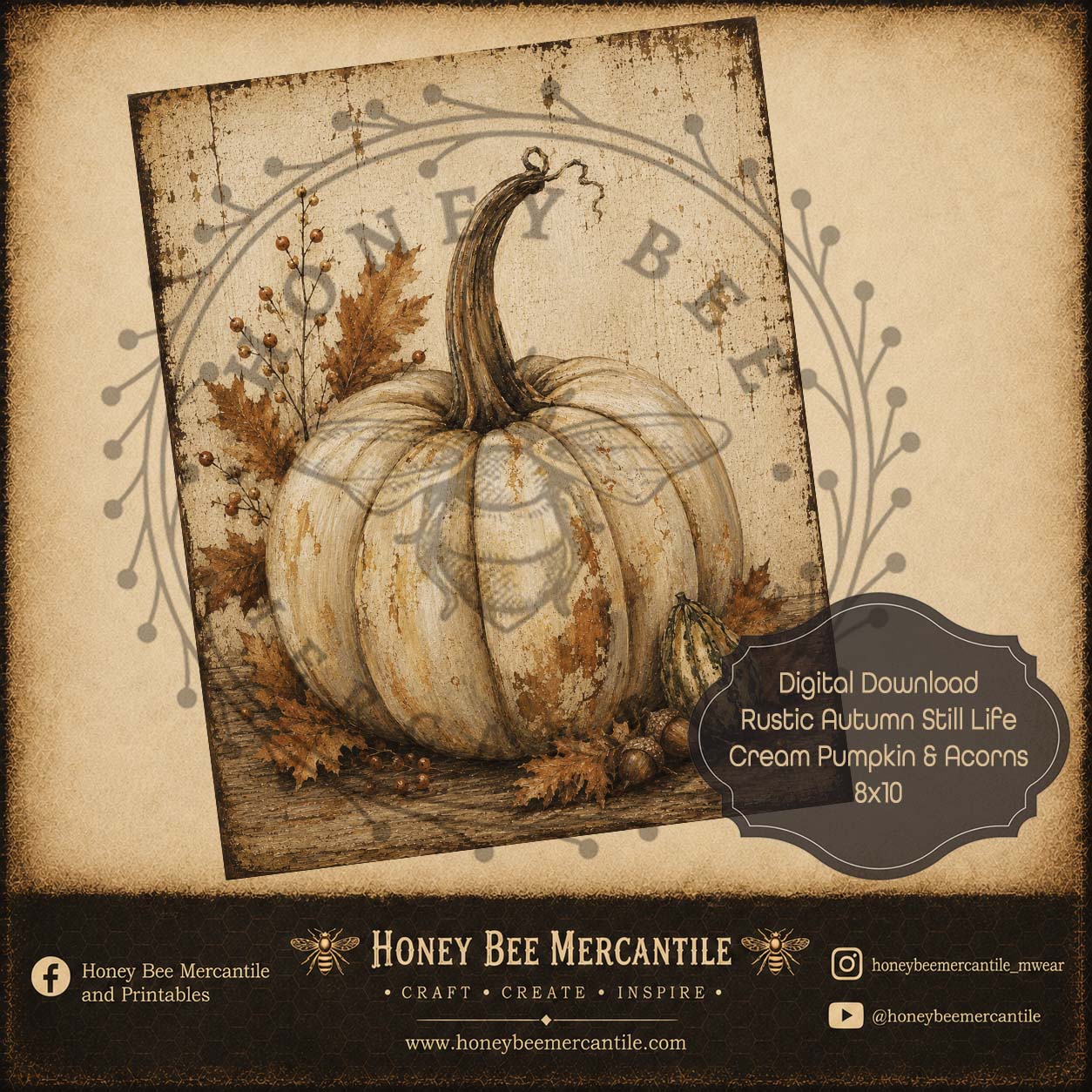 Rustic Autumn Still Life Cream Pumpkin and Acorns, 8x10, Digital Download, Printable, Decoupage, Craft Supplies
