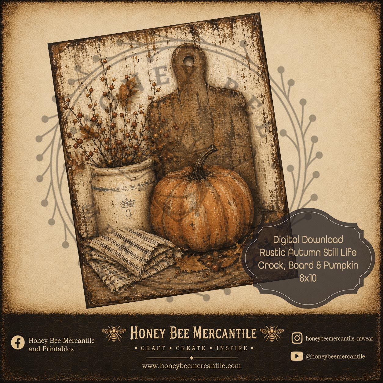 Rustic Autumn Still Life Crock, Board, Pumpkin, 8x10, Digital Download, Printable, Decoupage, Craft Supplies