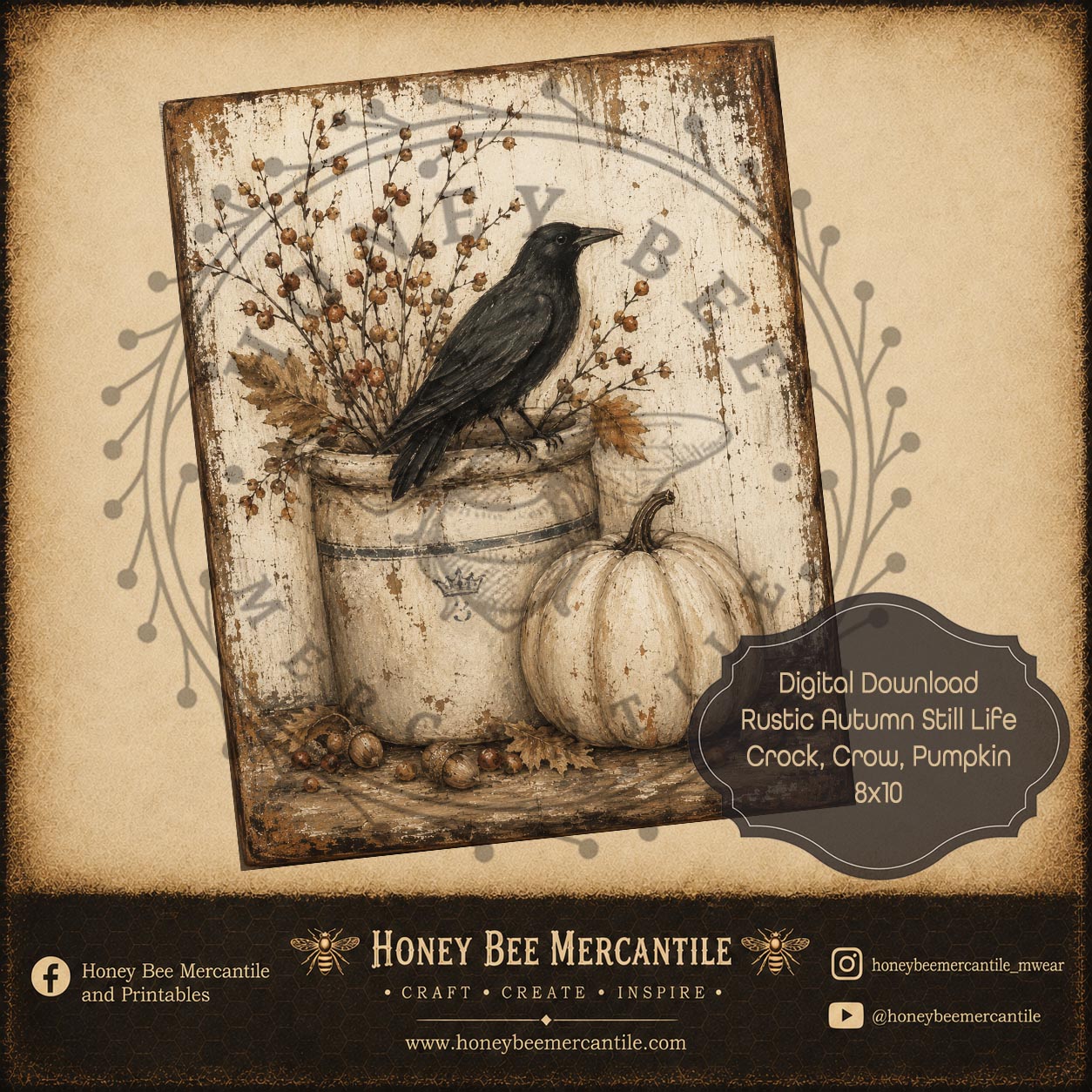 Rustic Autumn Still Life Crock, Crow, Pumpkin, 8x10, Digital Download, Printable, Decoupage, Craft Supplies