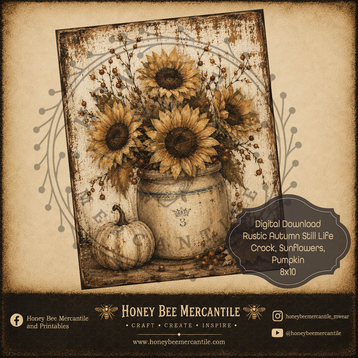 Rustic Autumn Still Life Crock of Sunflowers, 8x10, Digital Download, Printable, Decoupage, Craft Supplies