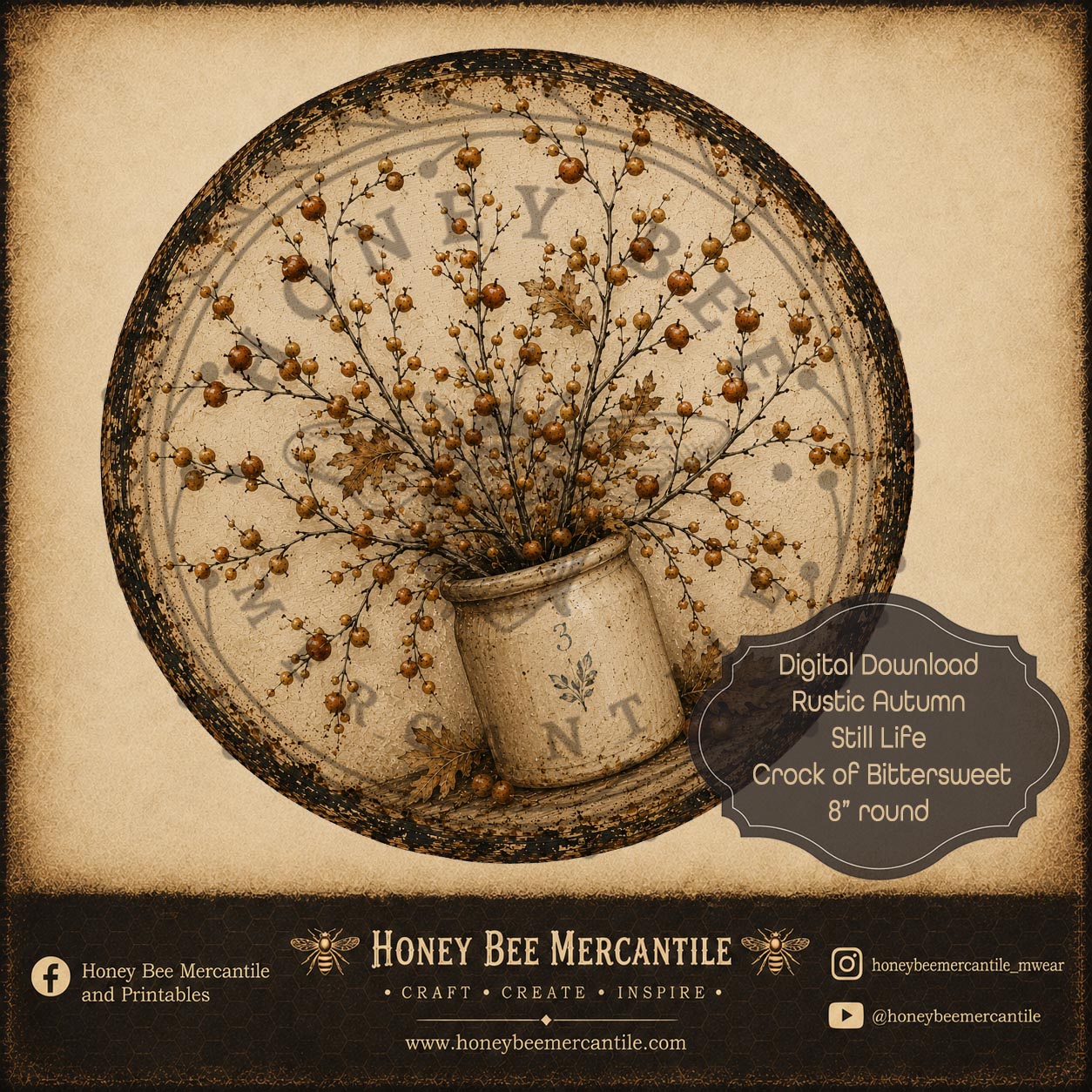 Rustic Autumn Still Life Crock with Bittersweet, 8 inch round, Digital Download, Printable, Decoupage, Craft Supplies