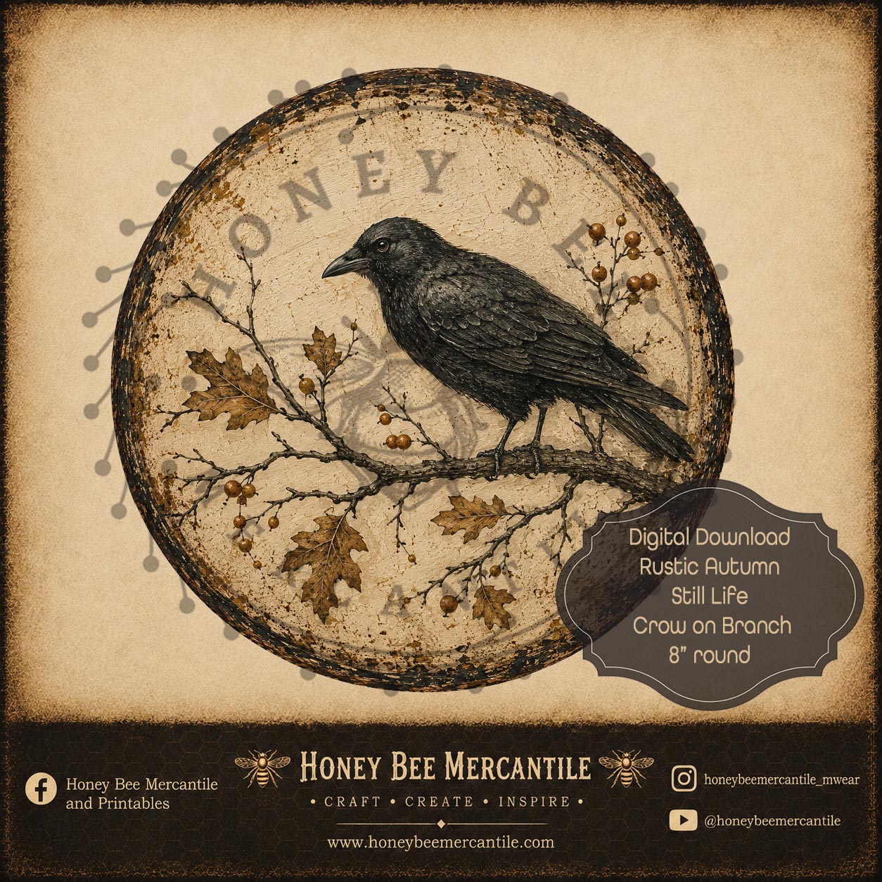 Rustic Autumn Still Life Crow on Branch, 8 inch round, Digital Download, Printable, Decoupage, Craft Supplies