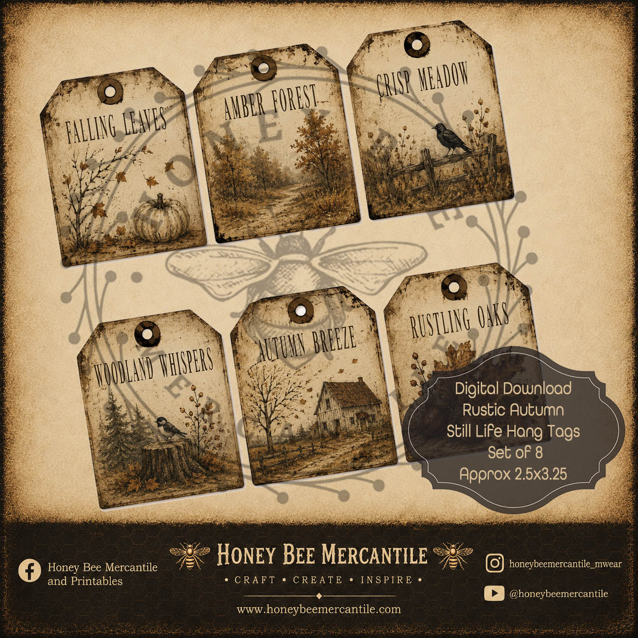 Rustic Autumn Still LIfe Hang Tags, Set of 8, Digital Download, Printable, Decoupage, Craft Supplies