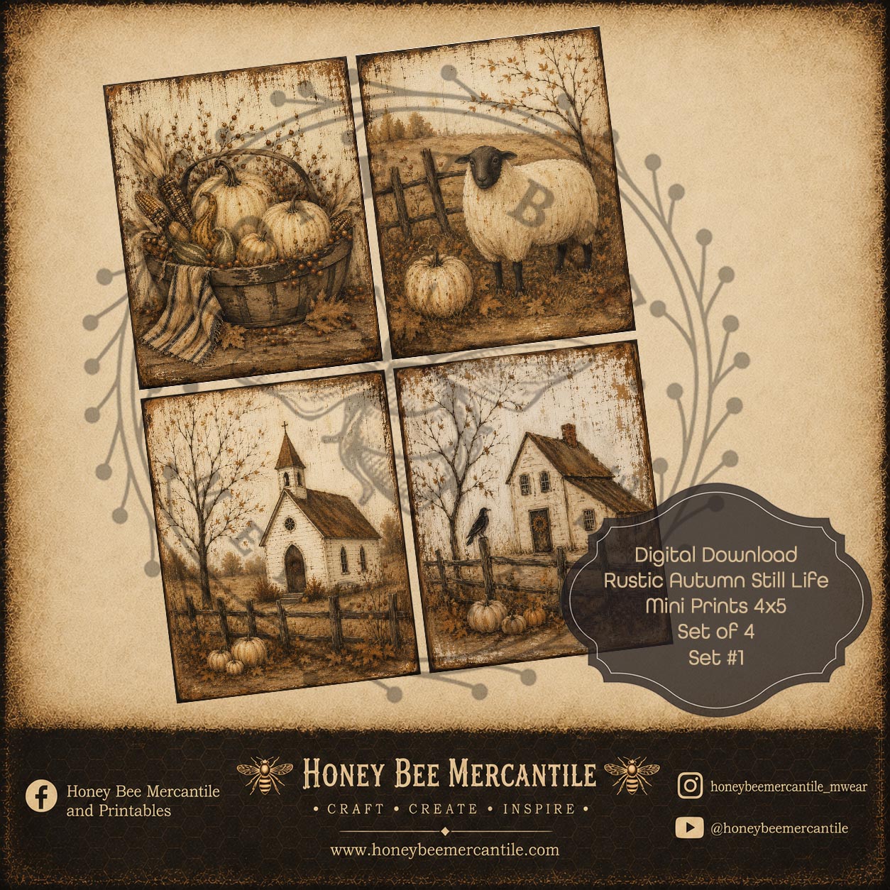 Rustic Autumn Still Life, Mini Prints 4x5, Set of 4, Digital Download, Printable, Decoupage, Craft Supplies, Set 1