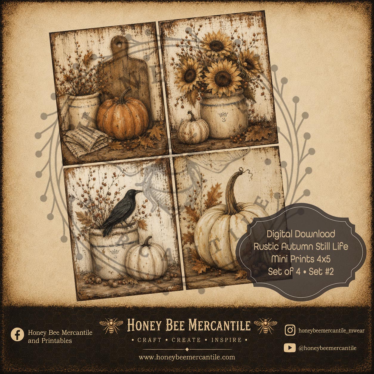 Rustic Autumn Still Life, Mini Prints 4x5, Set of 4, Digital Download, Printable, Decoupage, Craft Supplies, Set 2