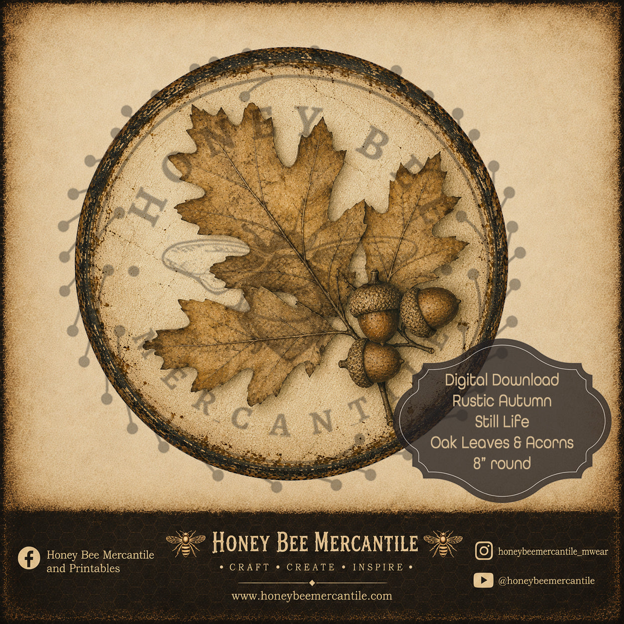 Rustic Autumn Still Life Oak Leaves and Acorns, 8 inch round, Digital Download, Printable, Decoupage, Craft Supplies