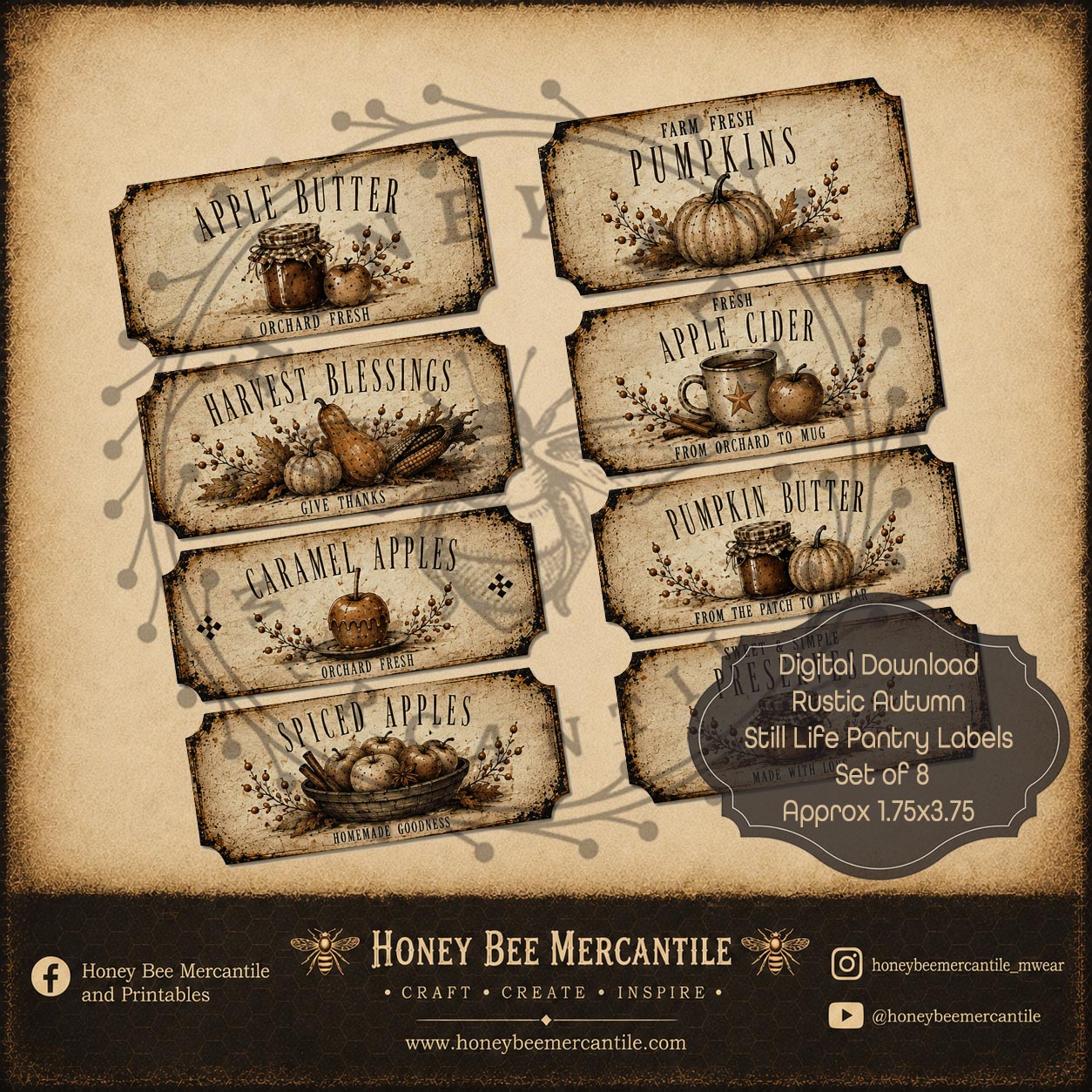 Rustic Autumn Still Life Pantry Labels, Set of 8, Digital Download, Printable, Decoupage, Craft Supplies