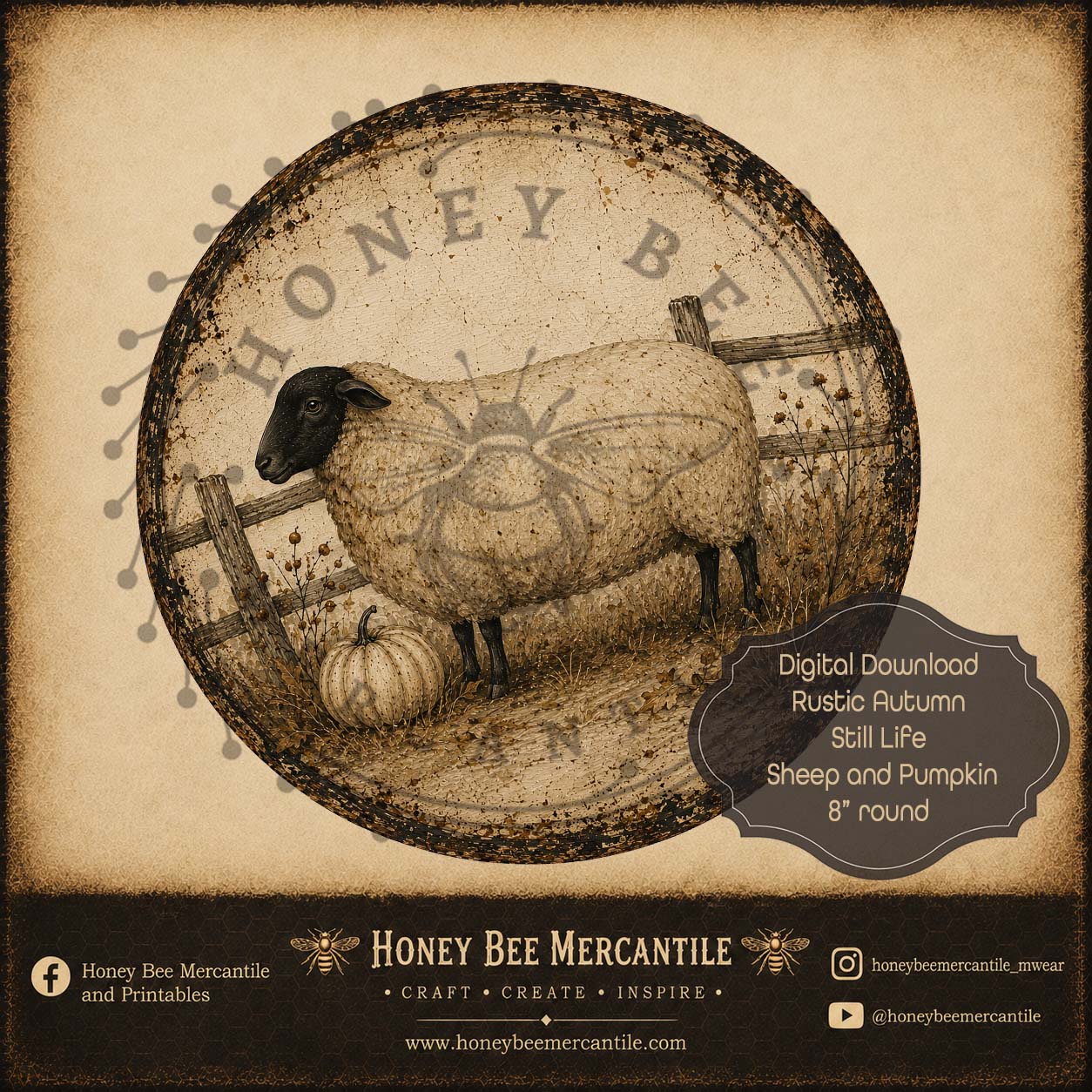 Rustic Autumn Still Life Sheep and Pumpkin, 8 inch round, Digital Download, Printable, Decoupage, Craft Supplies