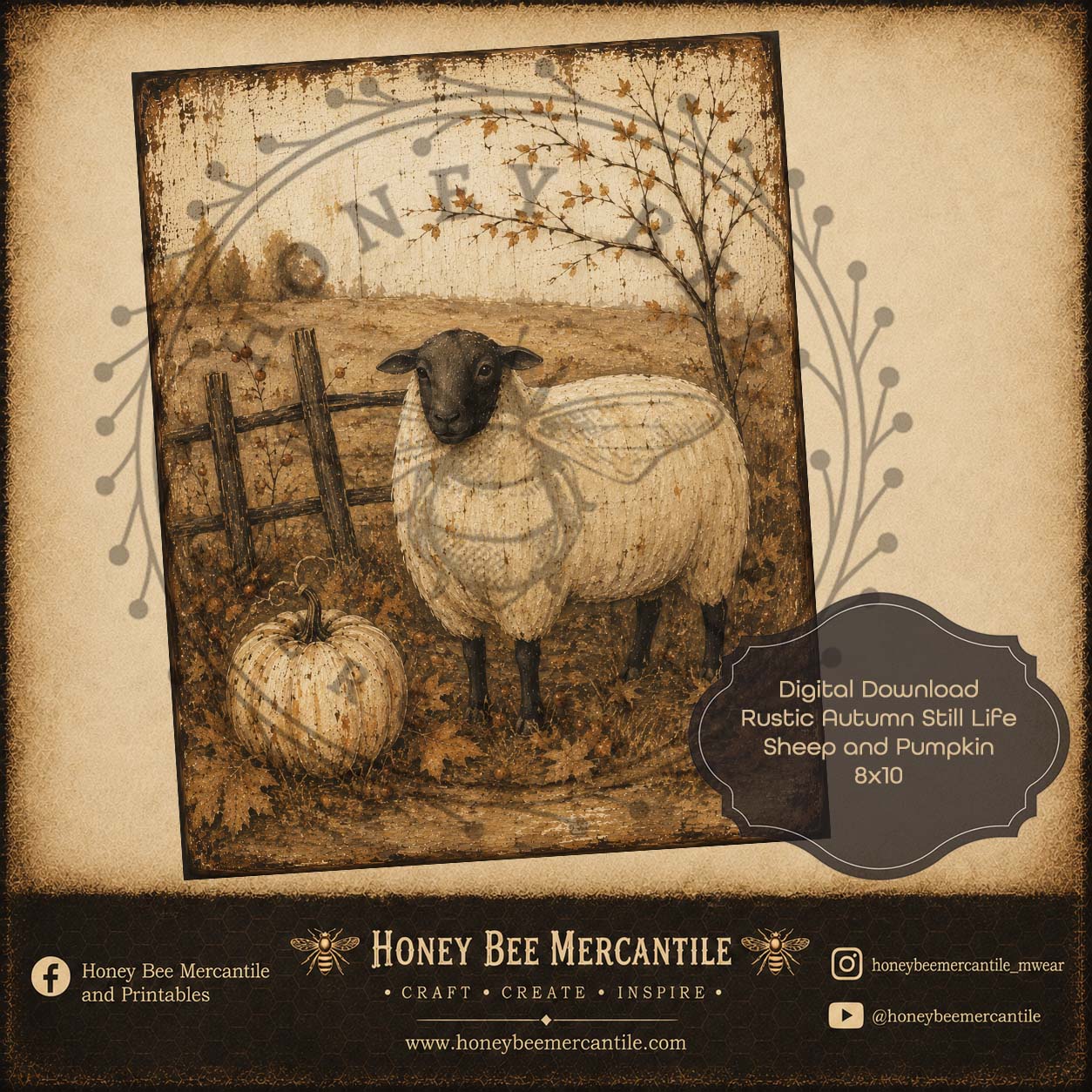 Rustic Autumn Still Life Sheep and Pumpkin, 8x10, Digital Download, Printable, Decoupage, Craft Supplies