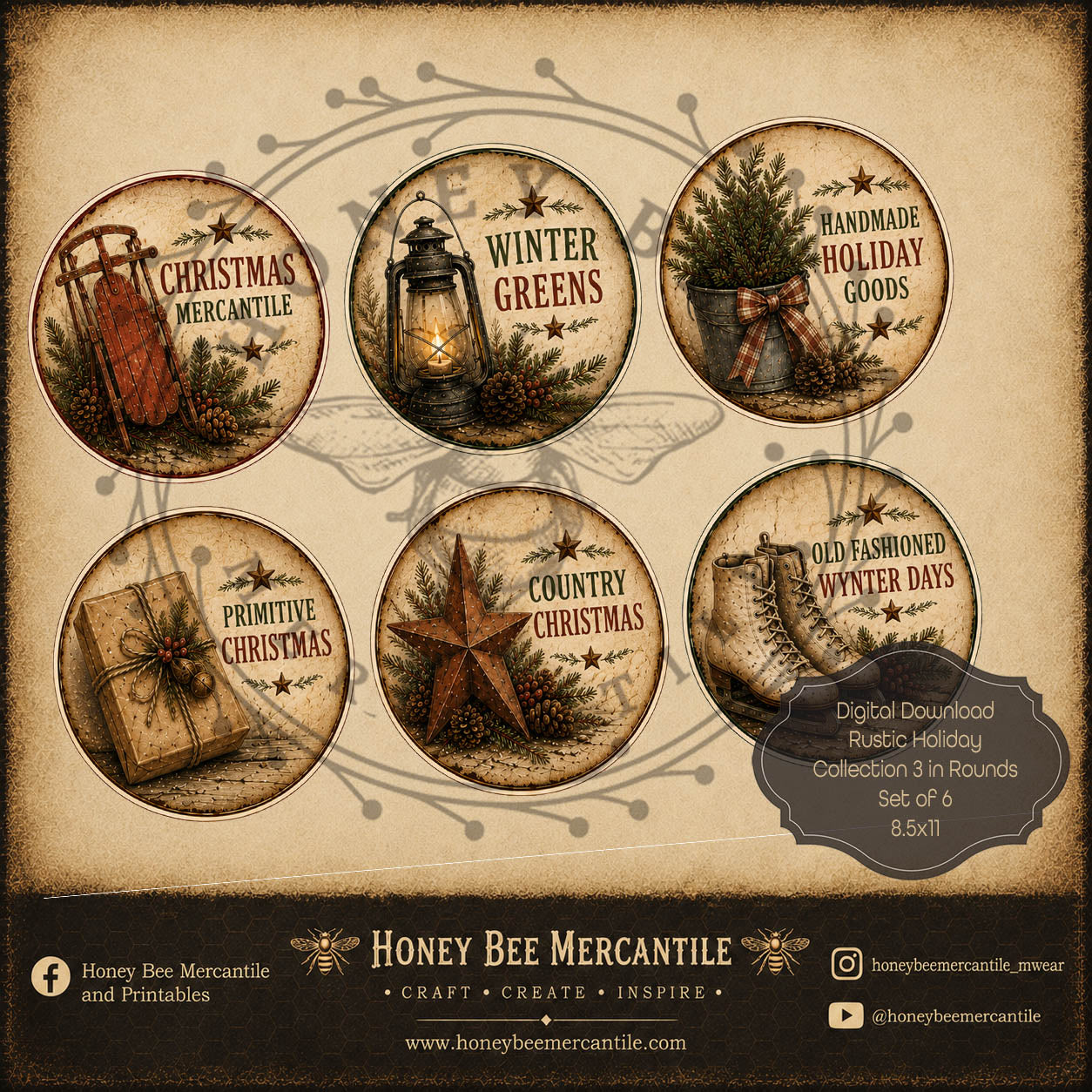 Rustic Holiday Collection, 3 Inch Rounds, Set of 6, Digital Download, Printable, Decoupage, Craft Supplies, Set 1