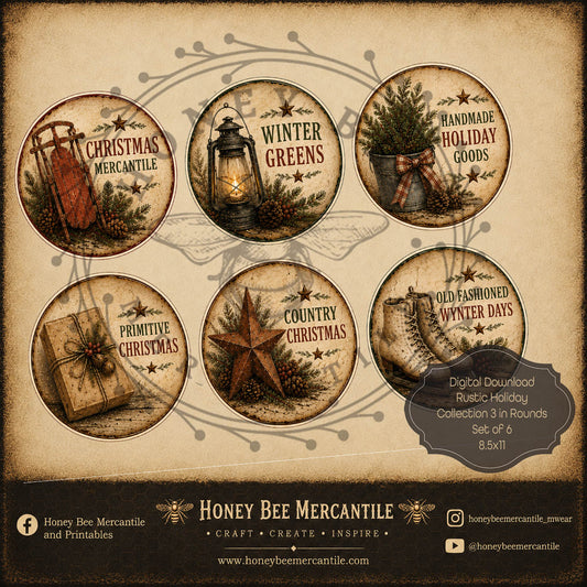 Rustic Holiday Collection, 3 Inch Rounds, Set of 6, Digital Download, Printable, Decoupage, Craft Supplies, Set 1