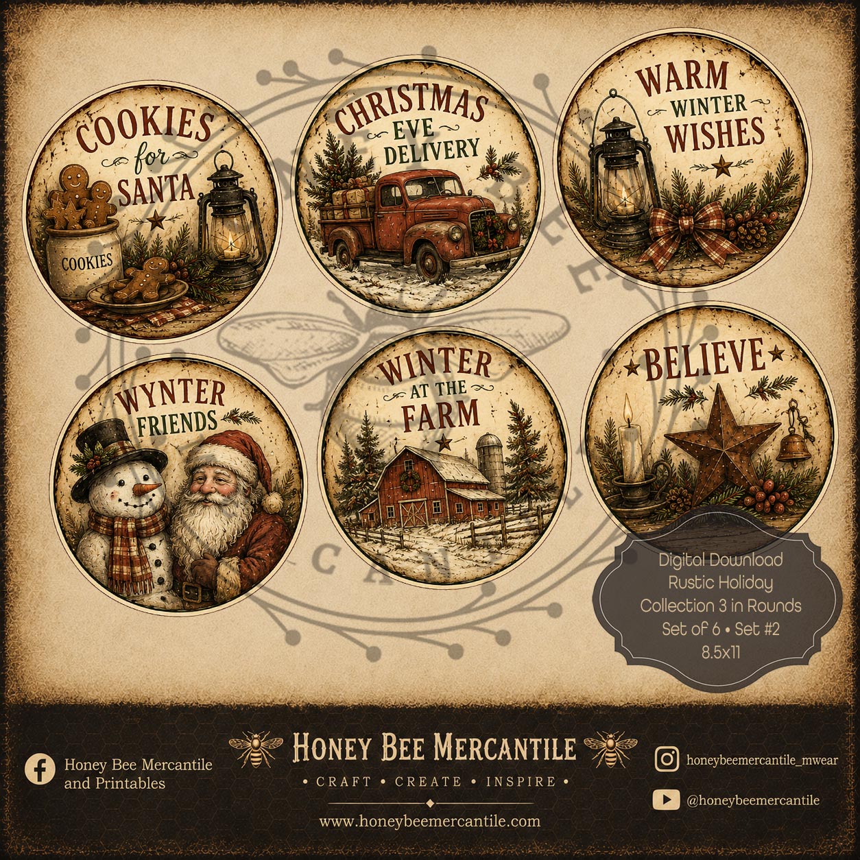 Rustic Holiday Collection, 3 Inch Rounds, Set of 6, Digital Download, Printable, Decoupage, Craft Supplies, Set 2
