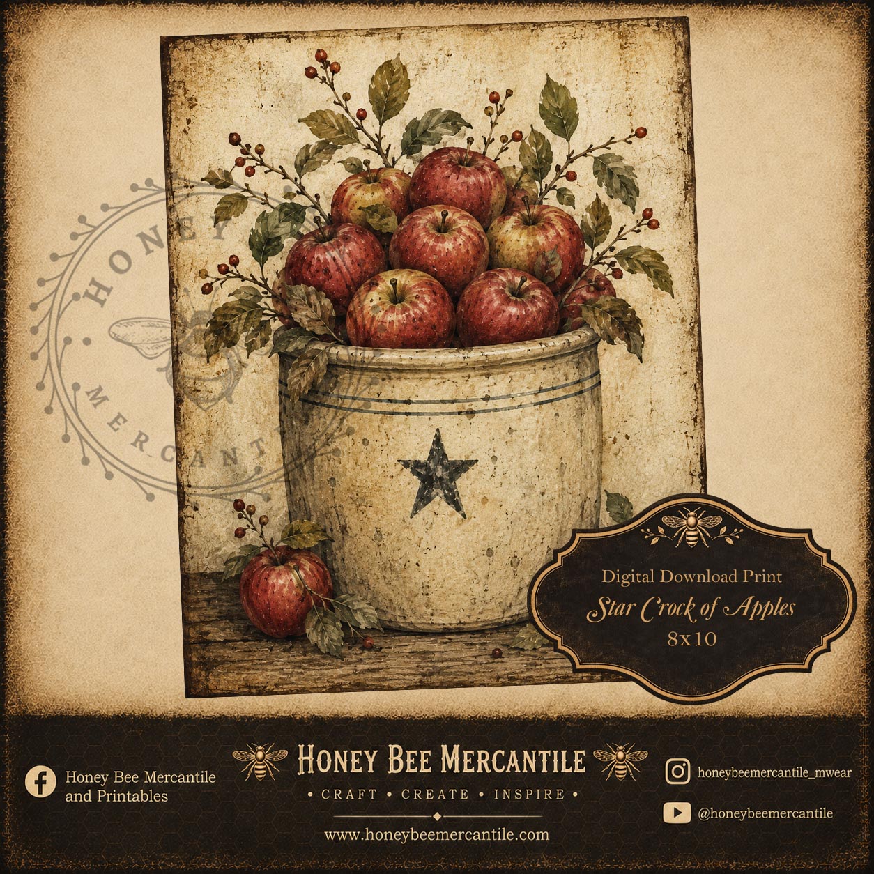 Apple Harvest, Crock of Apples Sign, 8x10, Digital Download, Printable, Decoupage, Craft Supplies