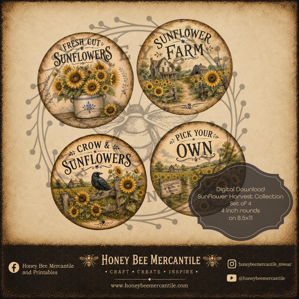 Sunflower Harvest Collection, 4 Inch Rounds, Digital Download, Printable, Decoupage, Craft Supplies, Set of 4