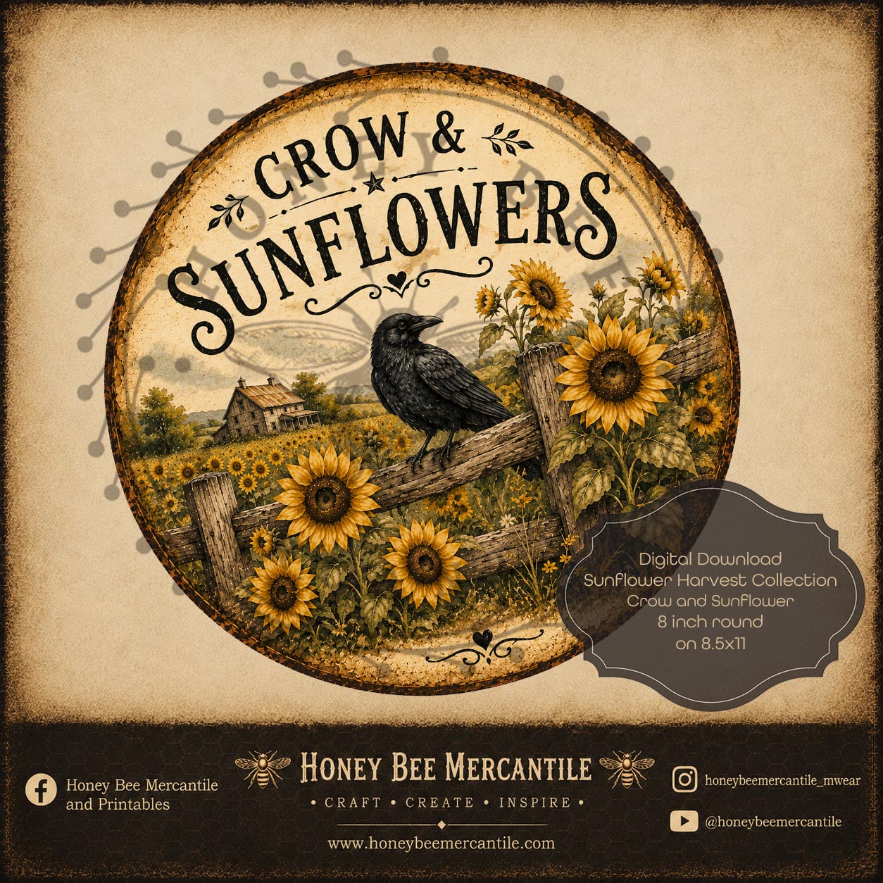 Sunflower Harvest Collection, Crow and Sunflower, 8 inch round, Digital Download, Printable, Decoupage, Craft Supplies