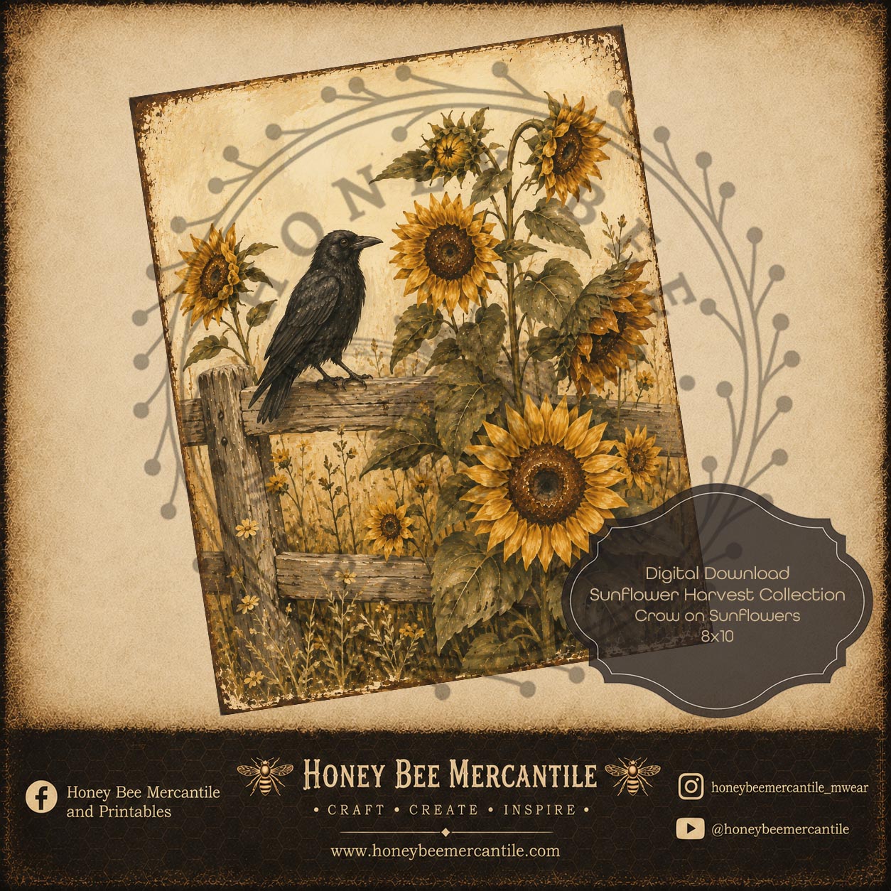 Sunflower Harvest Collection, Crow on Sunflowers, 8x10, Digital Download, Printable, Decoupage, Craft Supplies