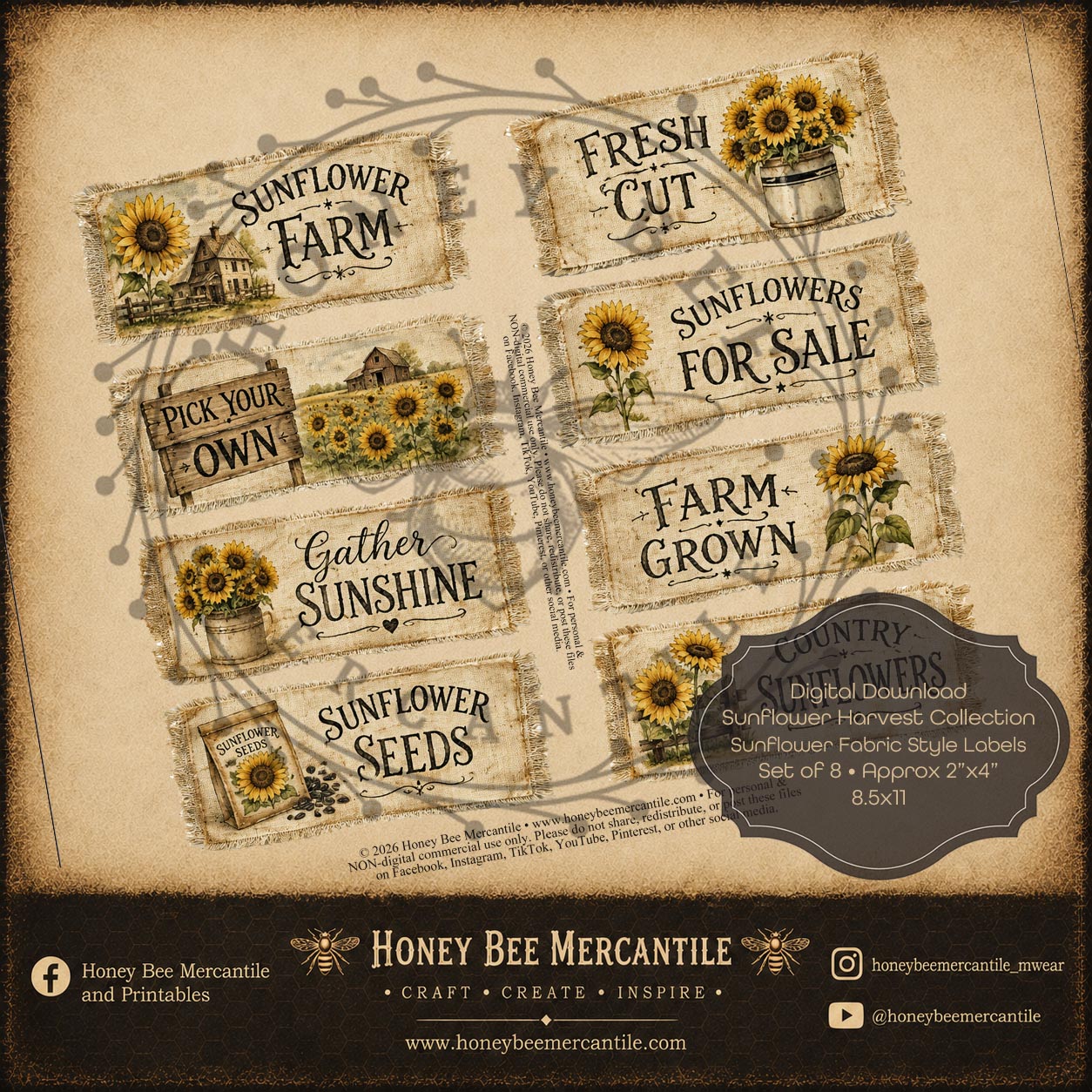 Sunflower Harvest Collection, Fabric Style Labels, Set of 8, Digital Download, Printable, Decoupage, Craft Supplies