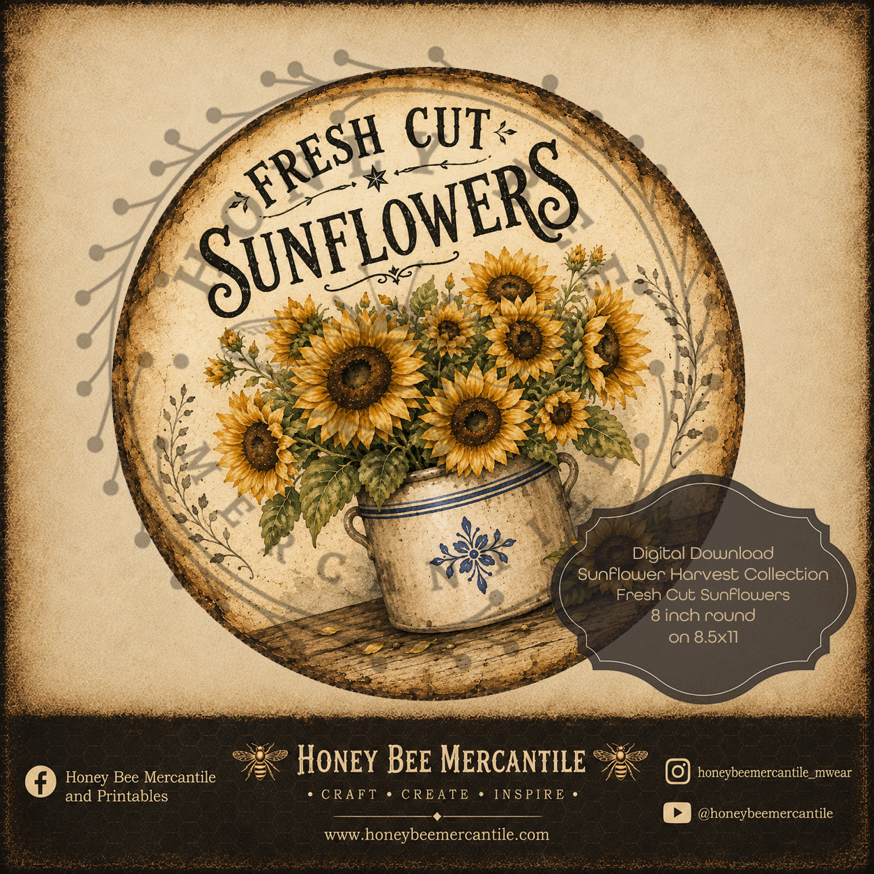 Sunflower Harvest Collection, Fresh Cut Sunflowers, 8 inch round, Digital Download, Printable, Decoupage, Craft Supplies