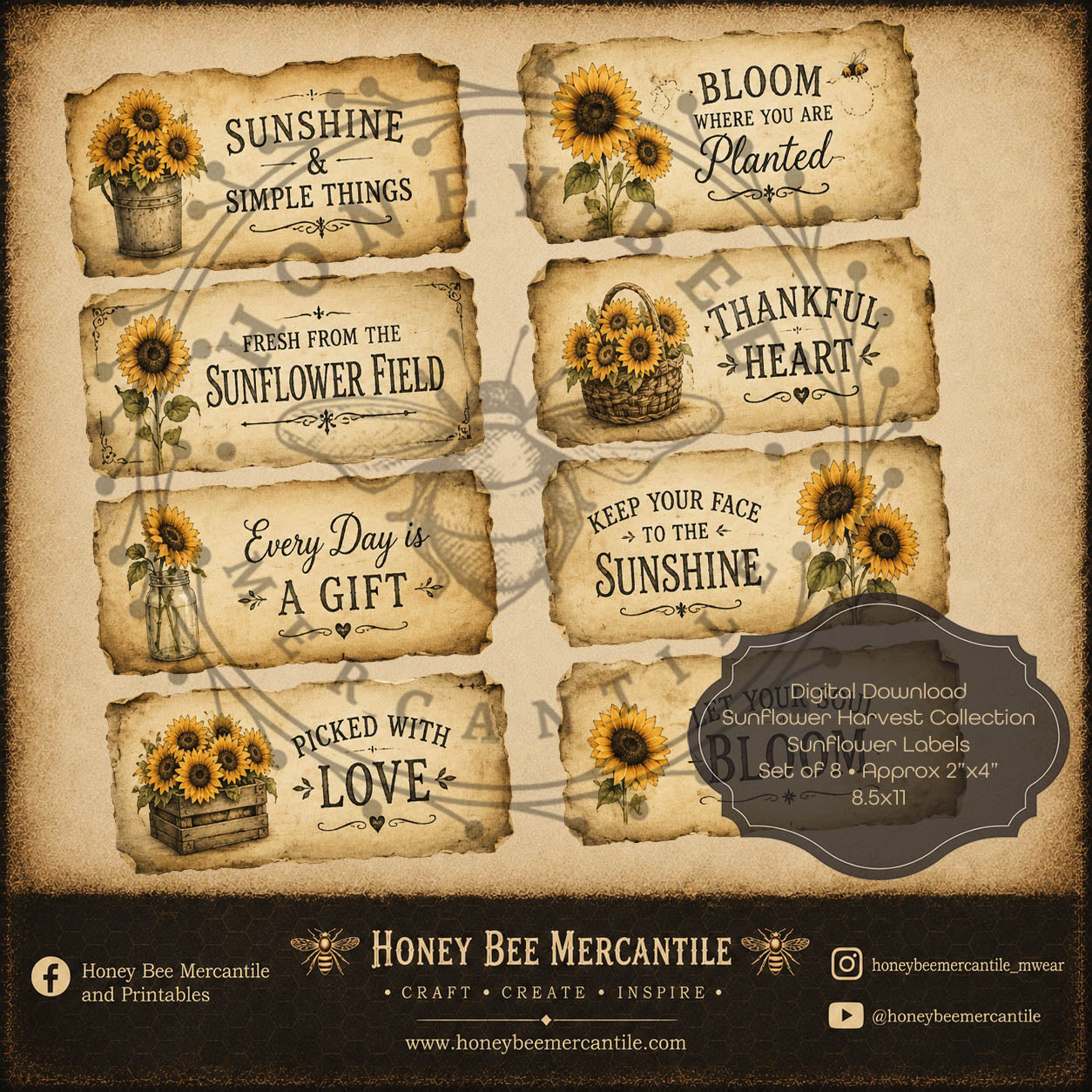 Sunflower Harvest Collection Labels, Set of 8, Digital Download, Printable, Decoupage, Craft Supplies