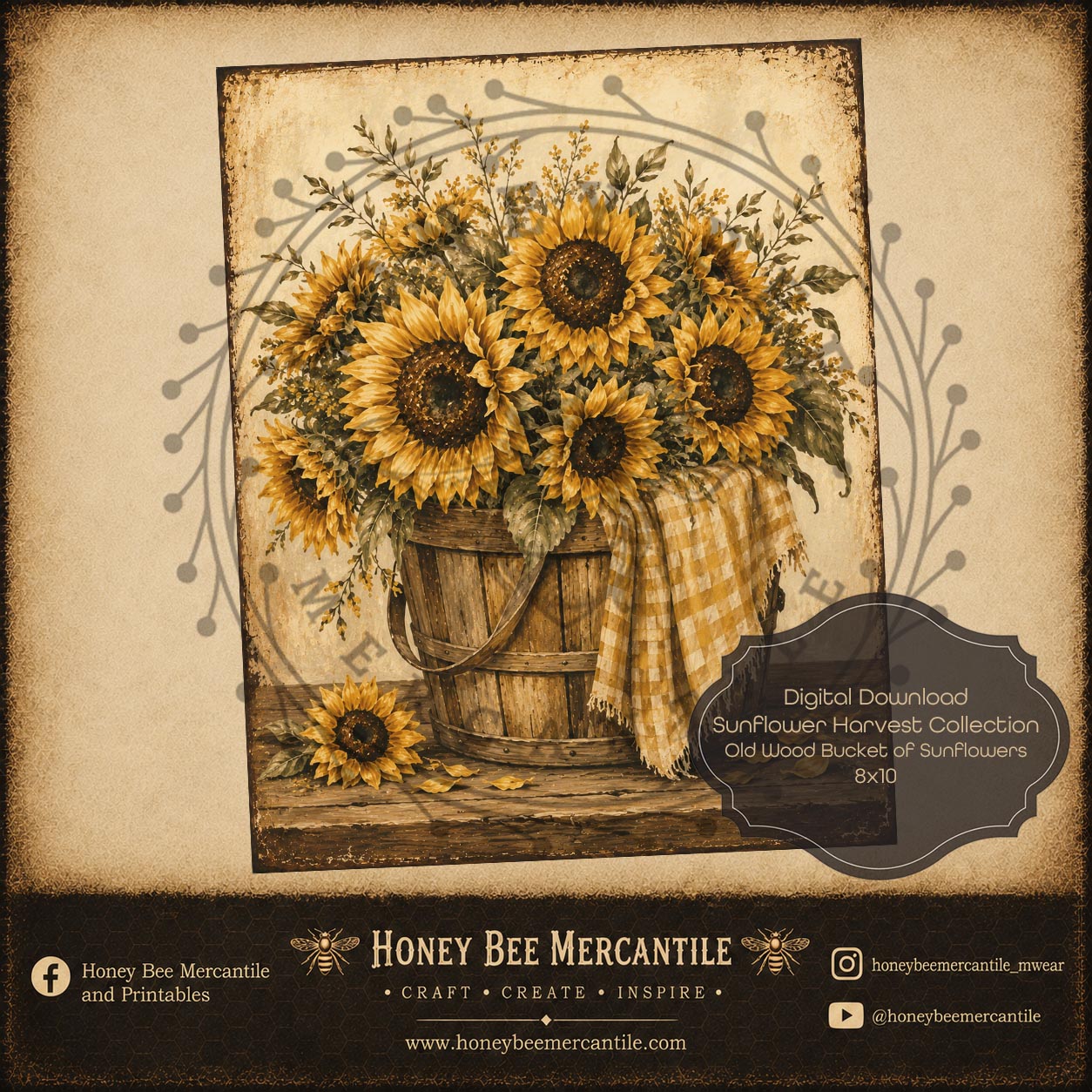 Sunflower Harvest Collection, Old Wood Bucket of Sunflowers, 8x10, Digital Download, Printable, Decoupage, Craft Supplies