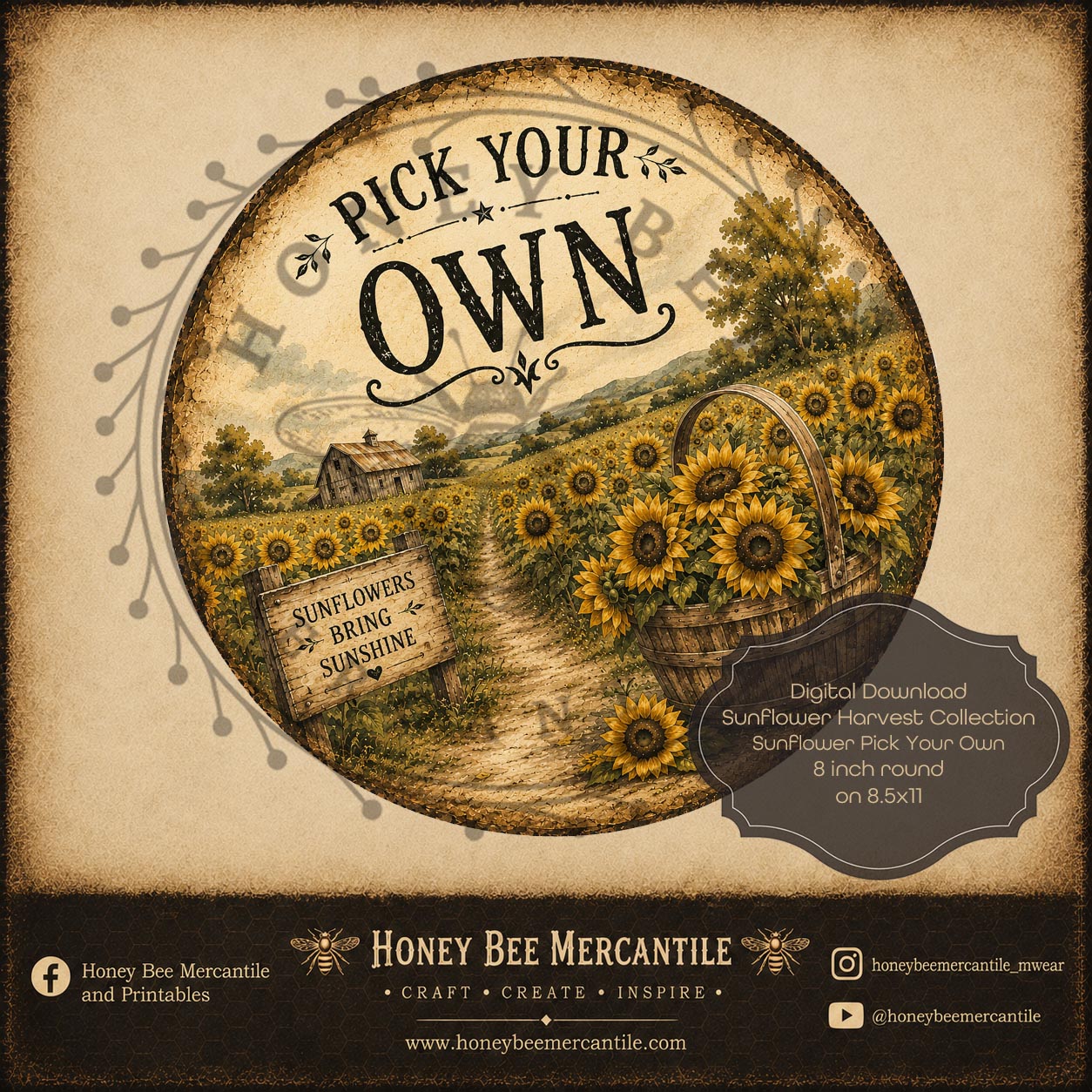 Sunflower Harvest Collection, Pick Your Own, 8 inch round, Digital Download, Printable, Decoupage, Craft Supplies