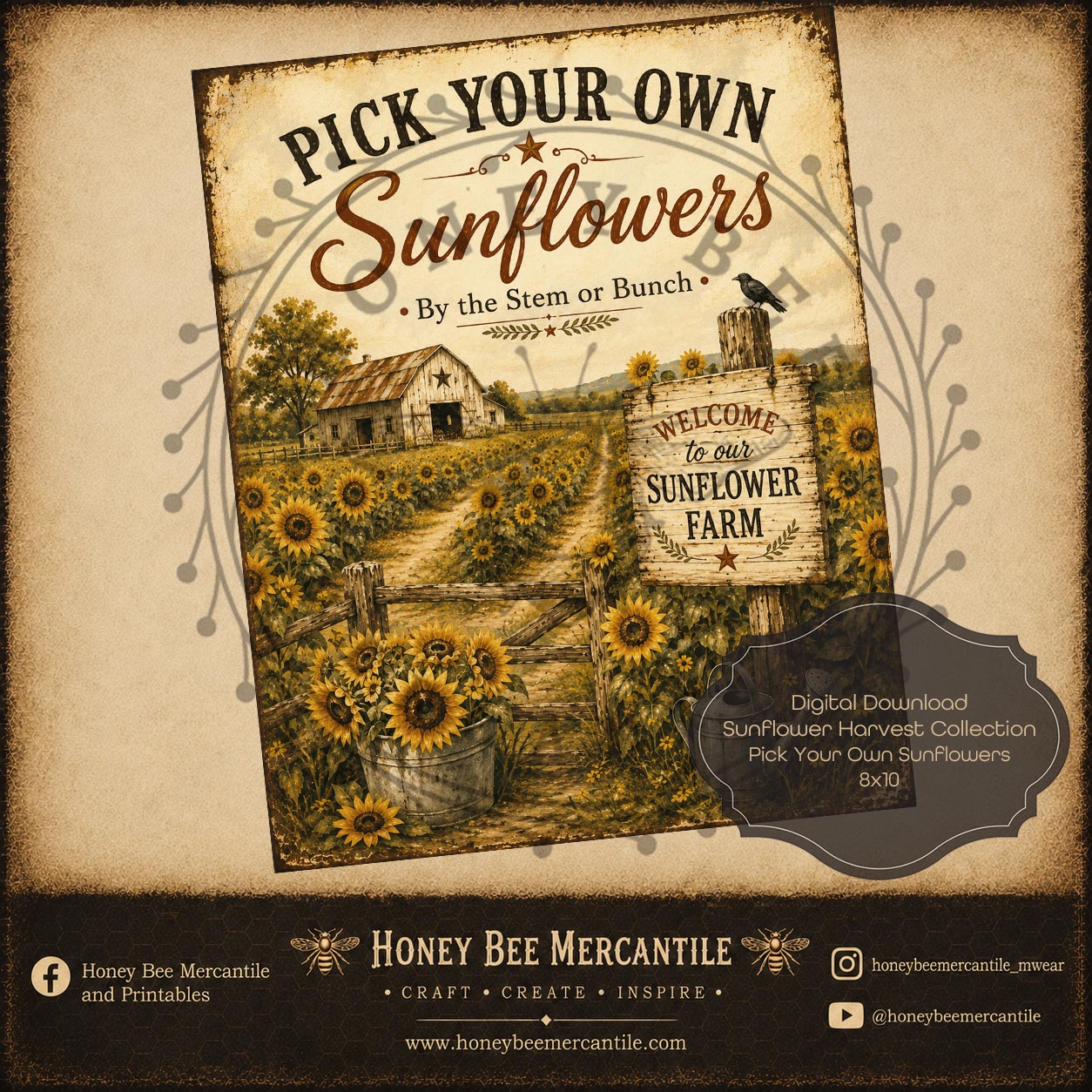 Sunflower Harvest Collection, Pick Your Own Sunflowers, 8x10, Digital Download, Printable, Decoupage, Craft Supplies