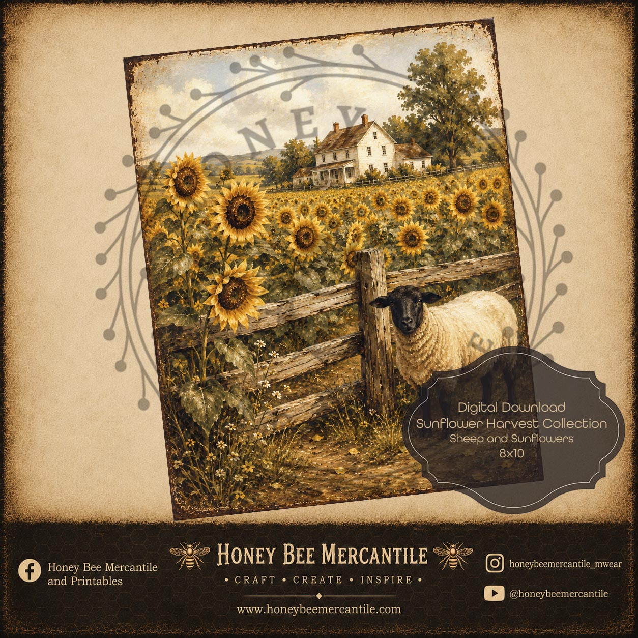 Sunflower Harvest Collection, Sheep and Sunflowers, 8x10, Digital Download, Printable, Decoupage, Craft Supplies