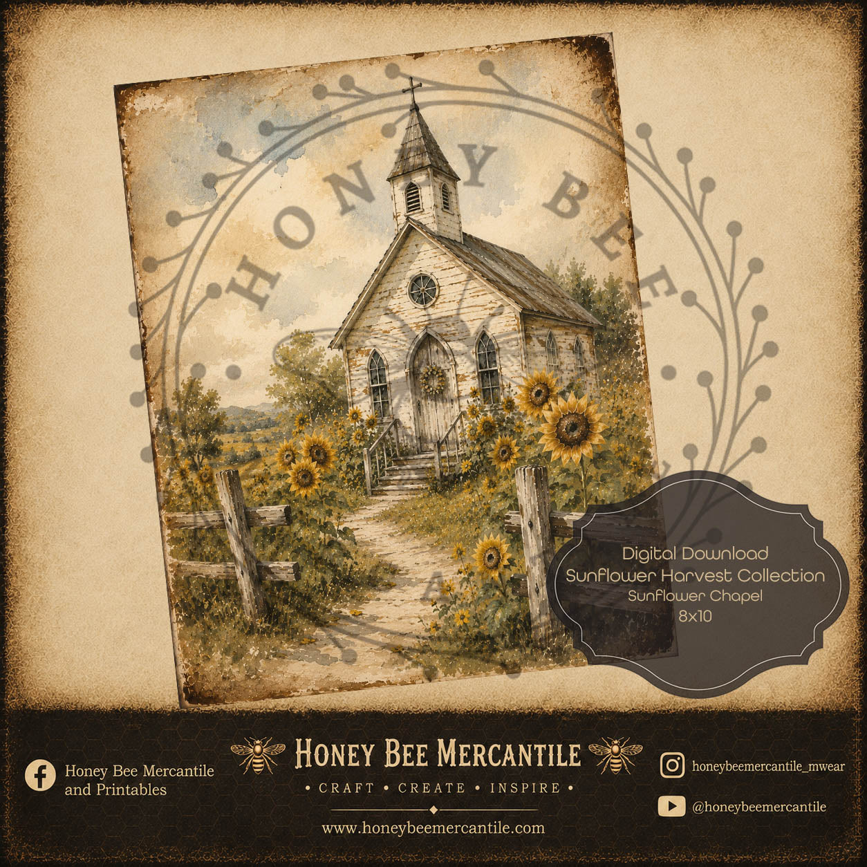 Sunflower Harvest Collection, Sunflower Chapel, 8x10, Digital Download, Printable, Decoupage, Craft Supplies