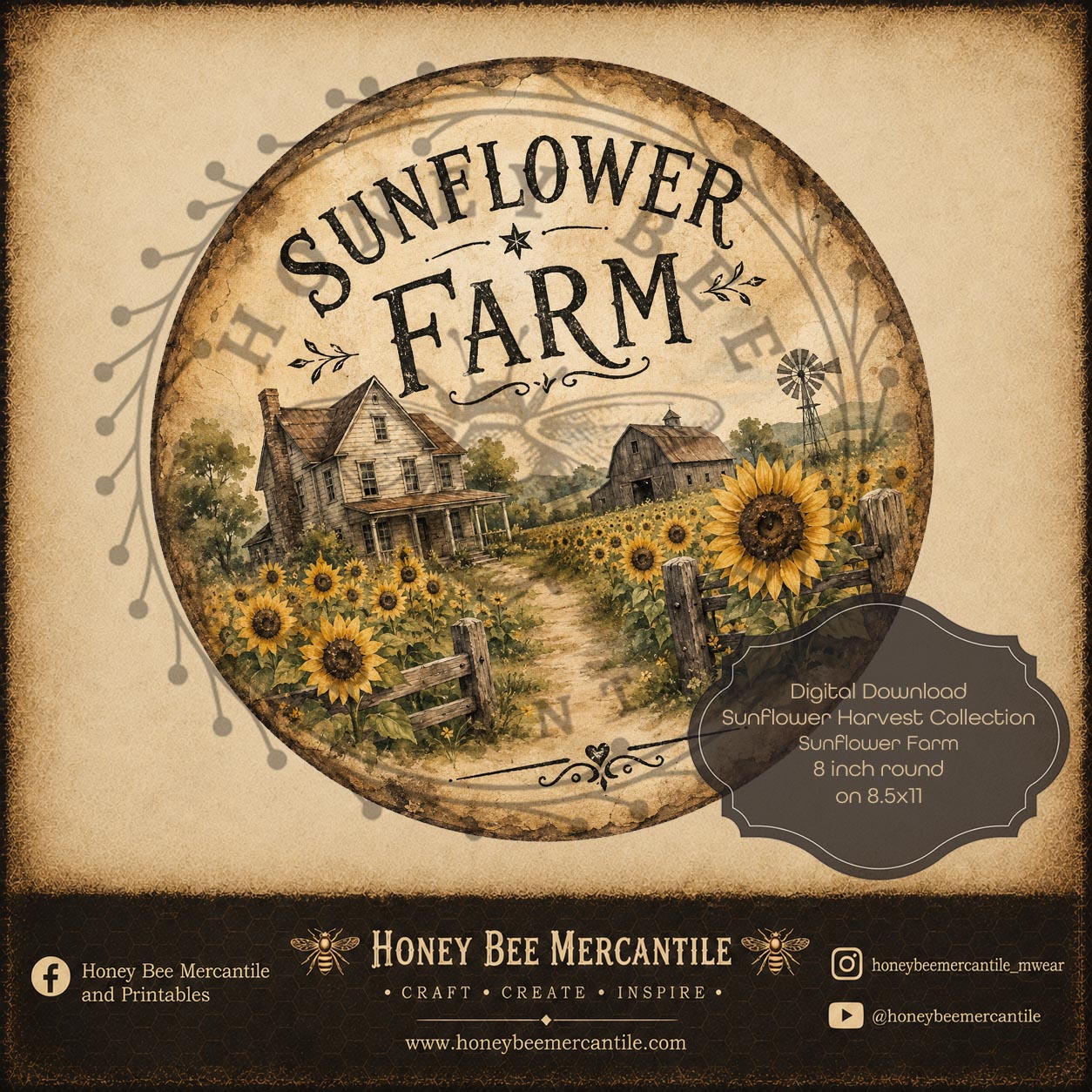 Sunflower Harvest Collection, Sunflower Farm, 8 inch round, Digital Download, Printable, Decoupage, Craft Supplies