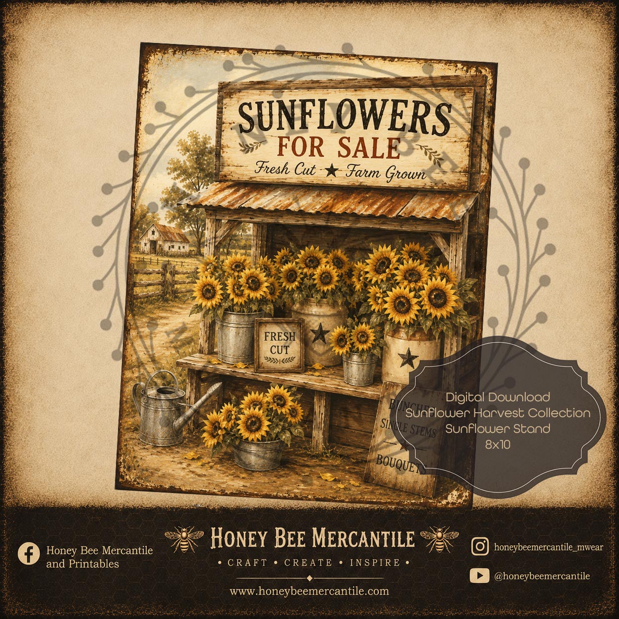 Sunflower Harvest Collection, Sunflower Stand, 8x10, Digital Download, Printable, Decoupage, Craft Supplies