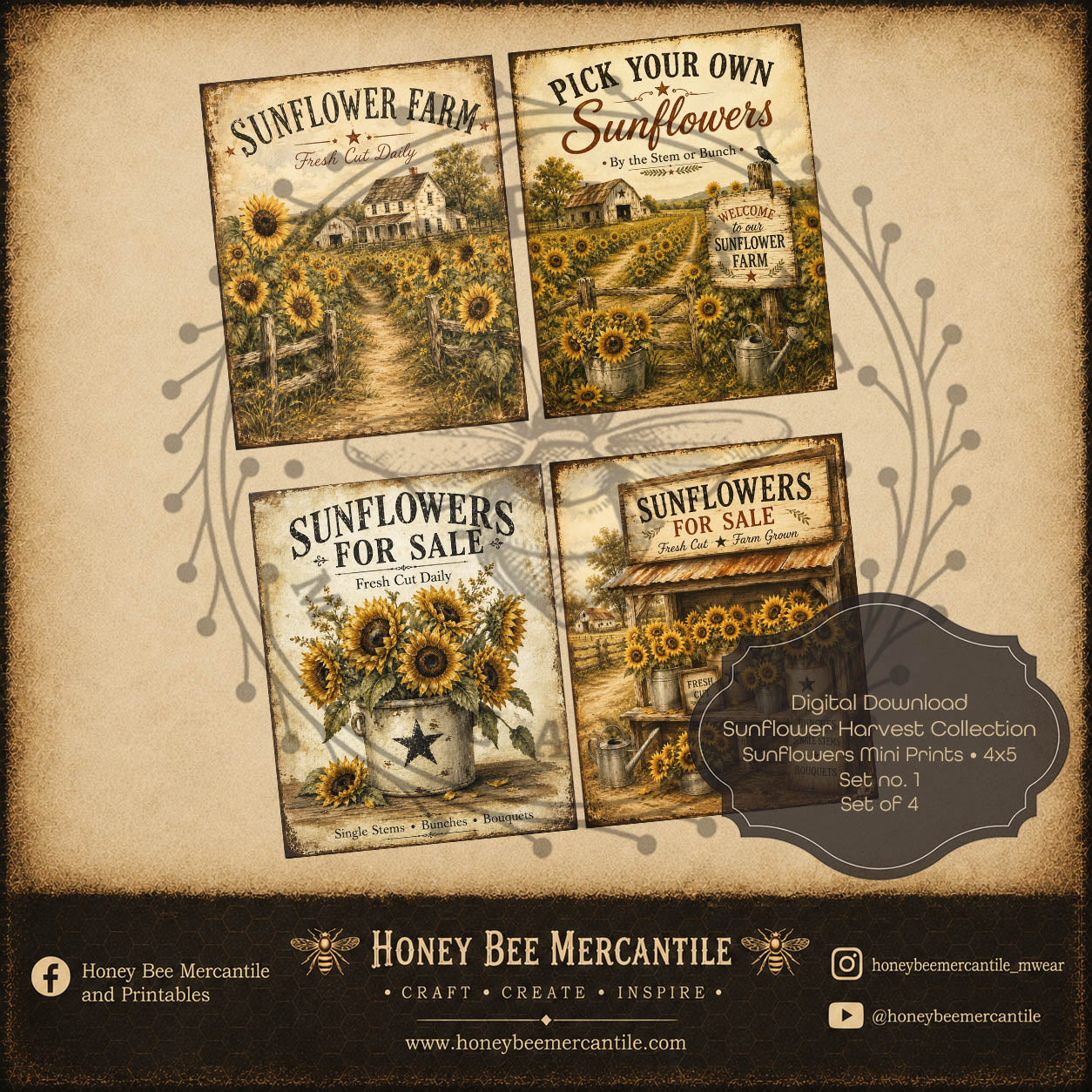 Sunflower Harvest Collection, Sunflower Mini Prints, Set of 4, Digital Download, Printable, Decoupage, Craft Supplies, Set 1