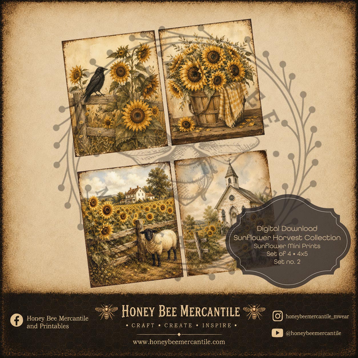 Sunflower Harvest Collection, Sunflower Mini Prints, Set of 4, Digital Download, Printable, Decoupage, Craft Supplies, Set 2
