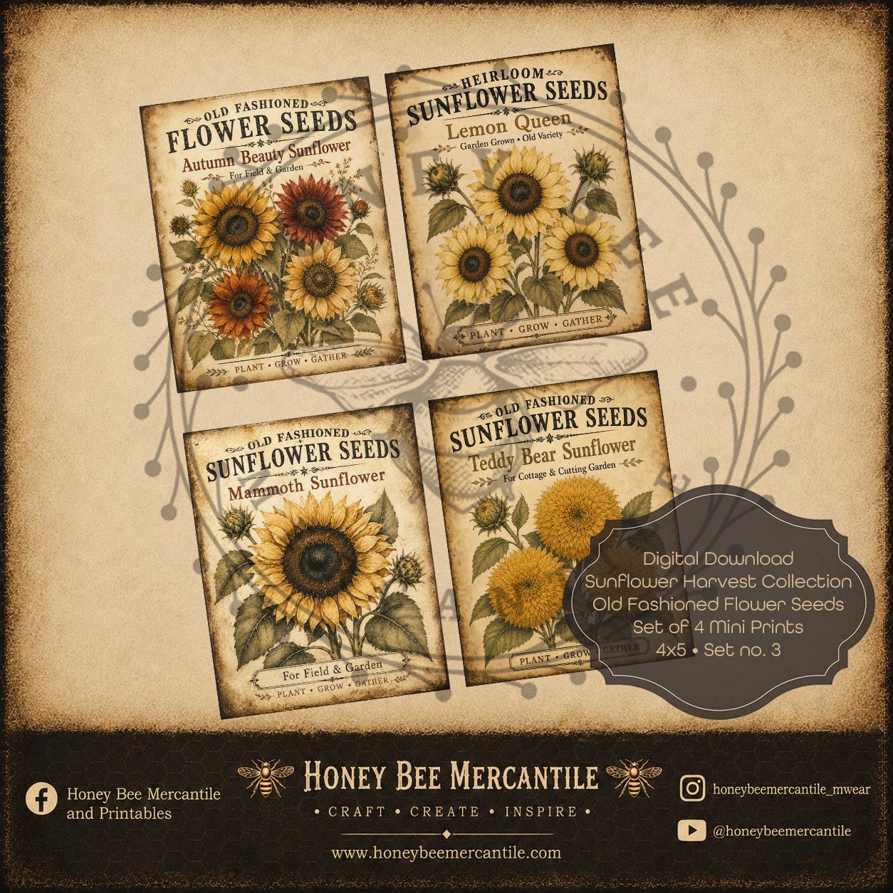 Sunflower Harvest Collection, Sunflower Mini Prints, Set of 4, Digital Download, Printable, Decoupage, Craft Supplies, Set 3