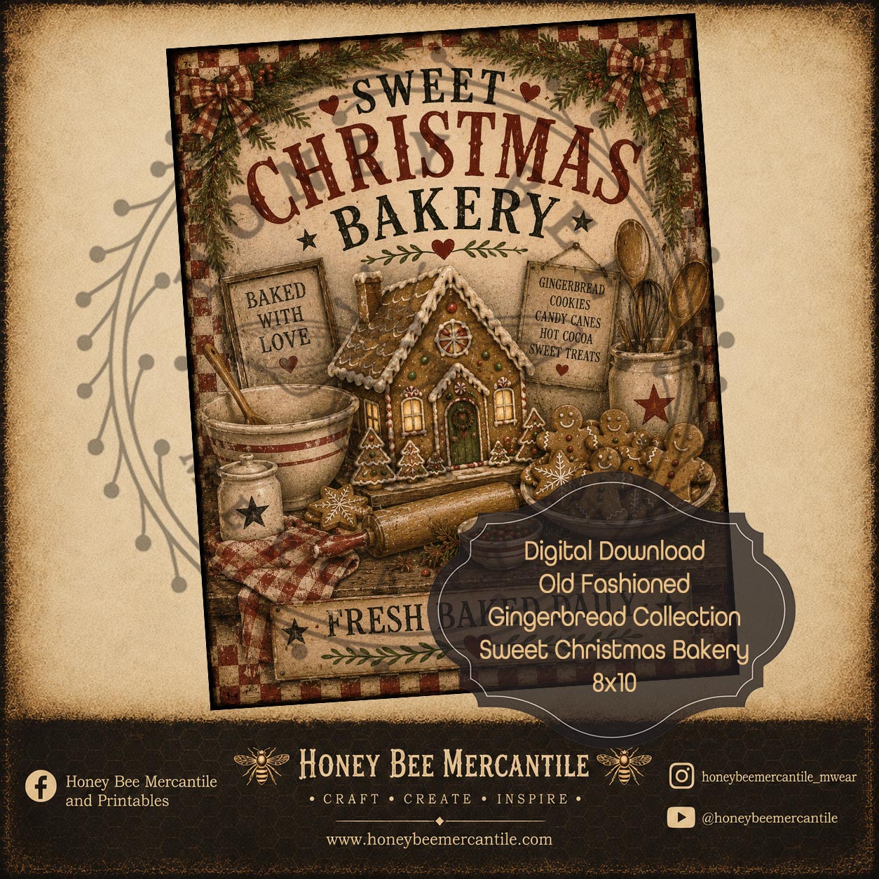 Old Fashioned Gingerbread, Sweet Christmas Bakery, 8x10, Digital Download, Printable, Decoupage, Craft Supplies