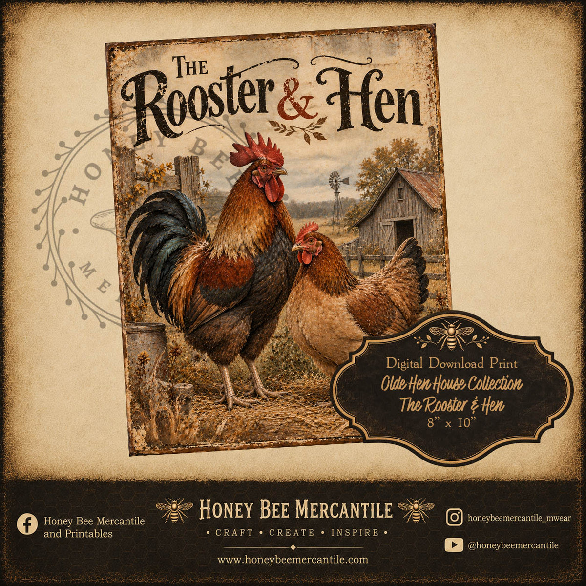 Olde Hen House Collection, The Rooster and Hen, 8x10, Digital Download, Printable, Decoupage, Craft Supplies